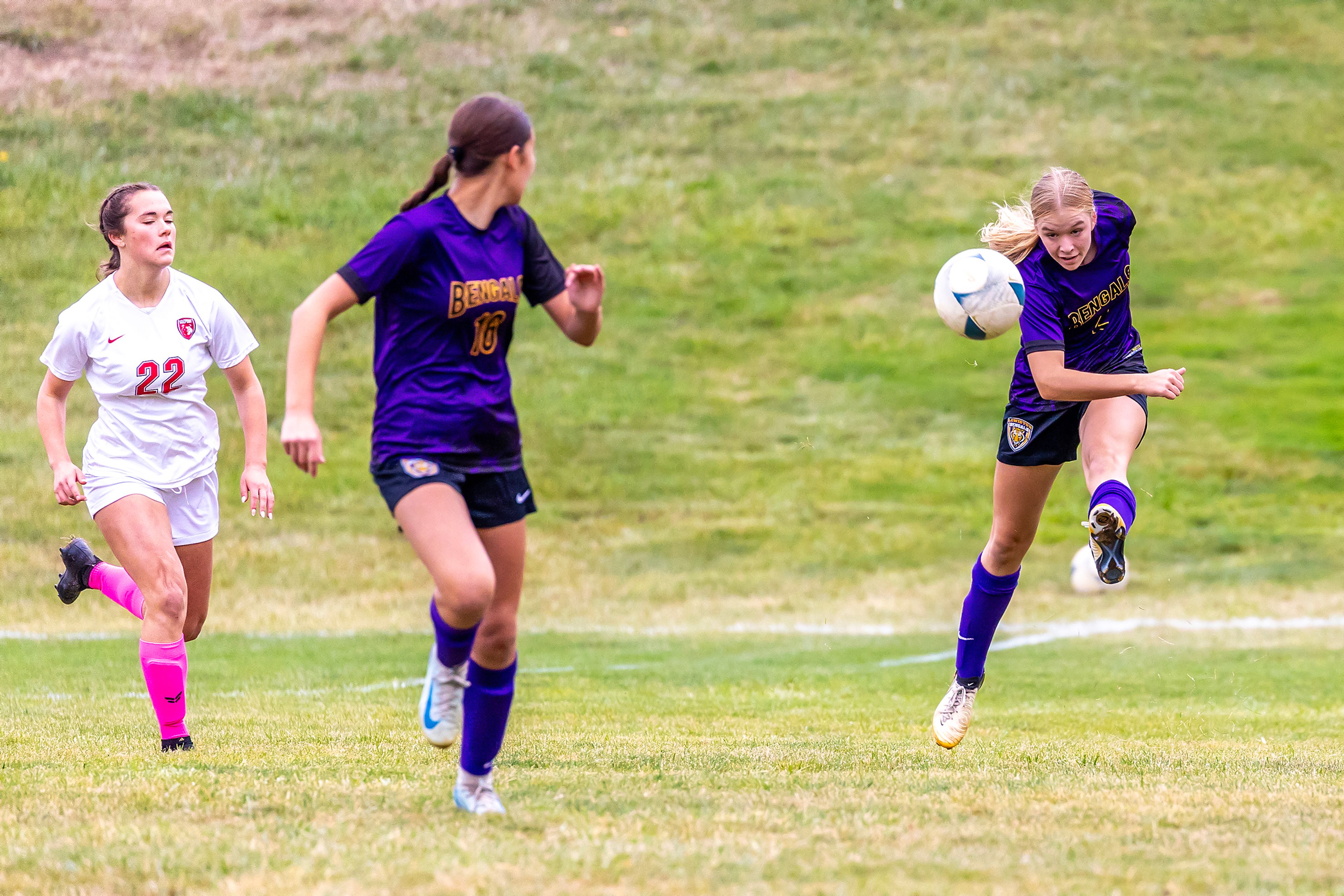 Lewiston�s Avery Lathen kicks the ball down the field against Sandpoint in the 5A Inland Empire League District Championship Wednesday at Walker Field in Lewiston.,