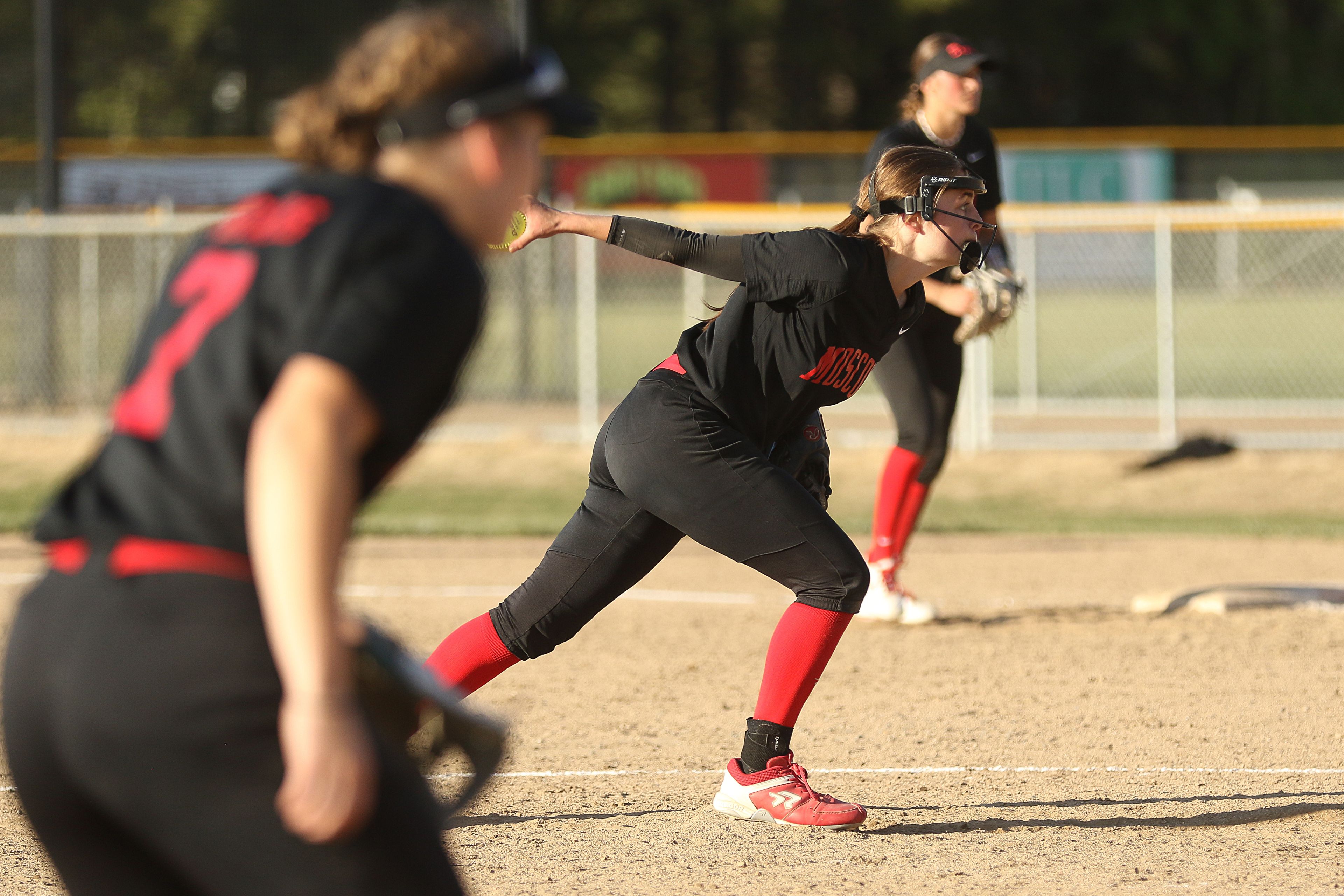 Moscow's Kelly Stodick pitches during an Idaho Class 4A district championship game against Lakeland on Thursday in Moscow.