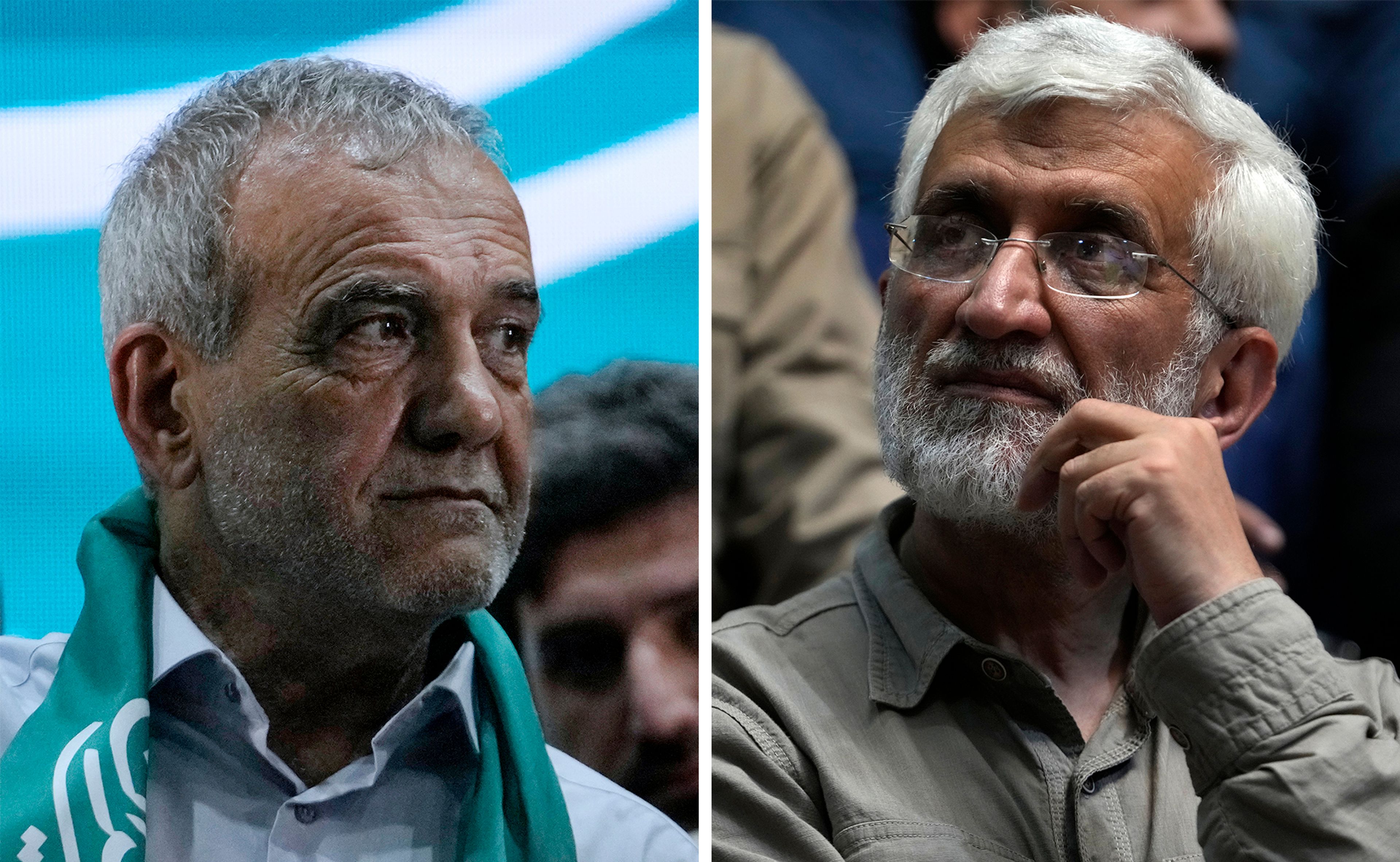 This combination of photos shows Iranian presidential election candidates Masoud Pezeshkian, left, a reformist lawmaker and a former Health Minister, and Saeed Jalili, a hard-line former senior nuclear negotiator, during their campaigns, in Tehran, Iran. (AP Photo/Vahid Salemi, File)