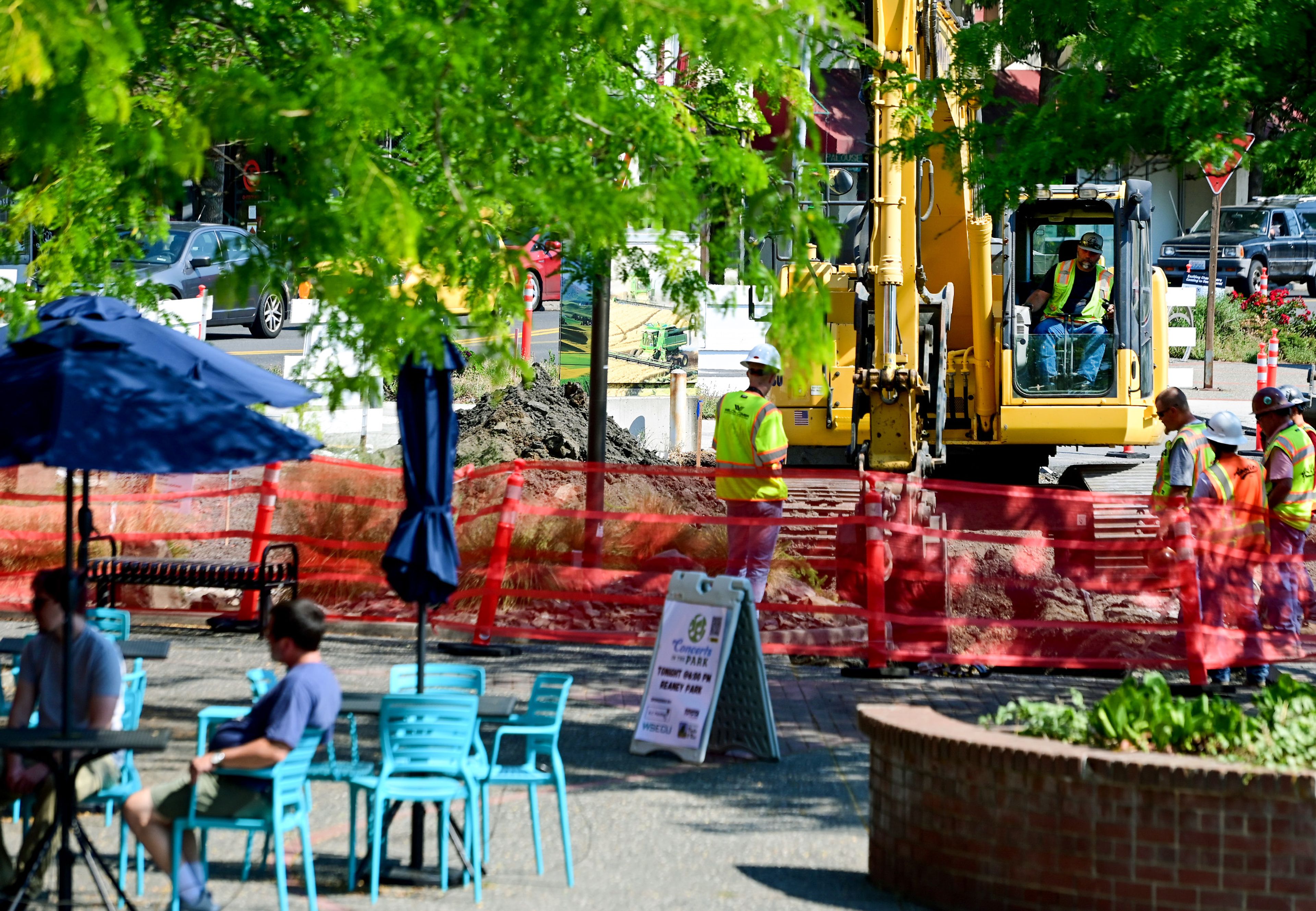 Crews continue the process of rebuilding Pullman’s city center with work being done at High Street Plaza on Wednesday