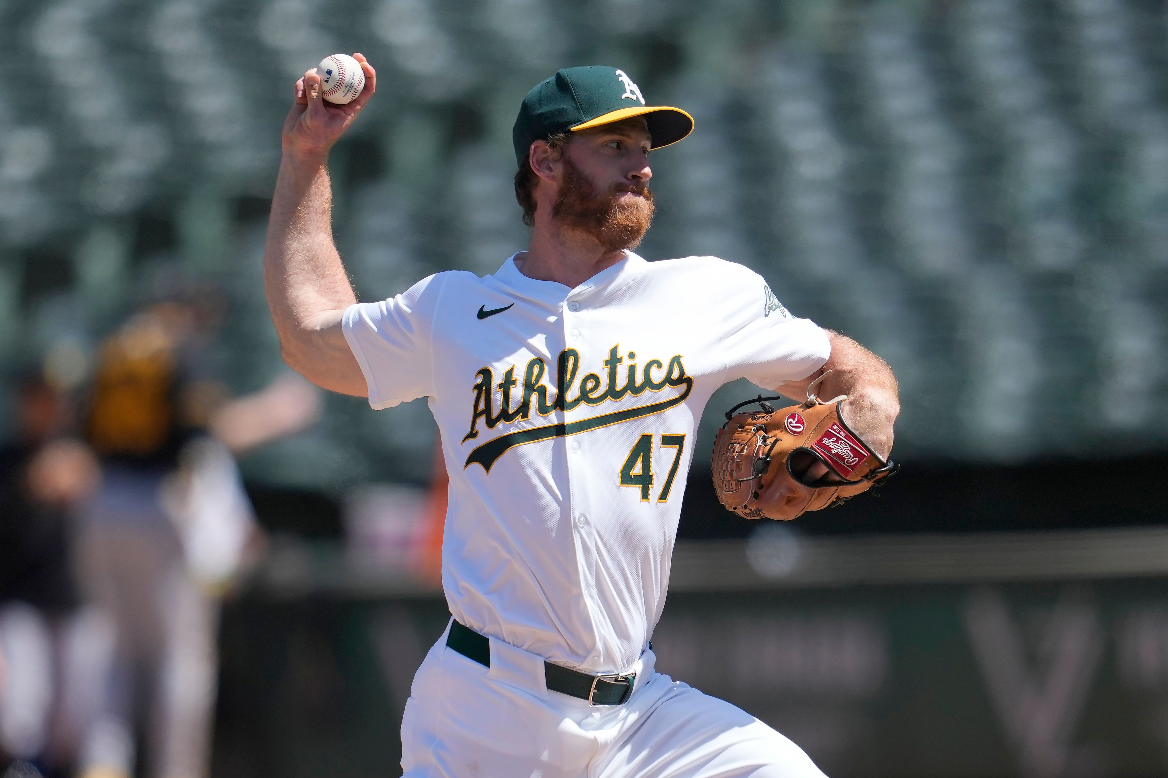 FILE -Oakland Athletics' Michael Kelly during a baseball game against the Pittsburgh Pirates in Oakland, Calif., Wednesday, May 1, 2024. Major League Baseball, on Tuesday, June 4, 2024, banned Kelly for one year after finding the player placed unrelated bets with a legal sportsbook.