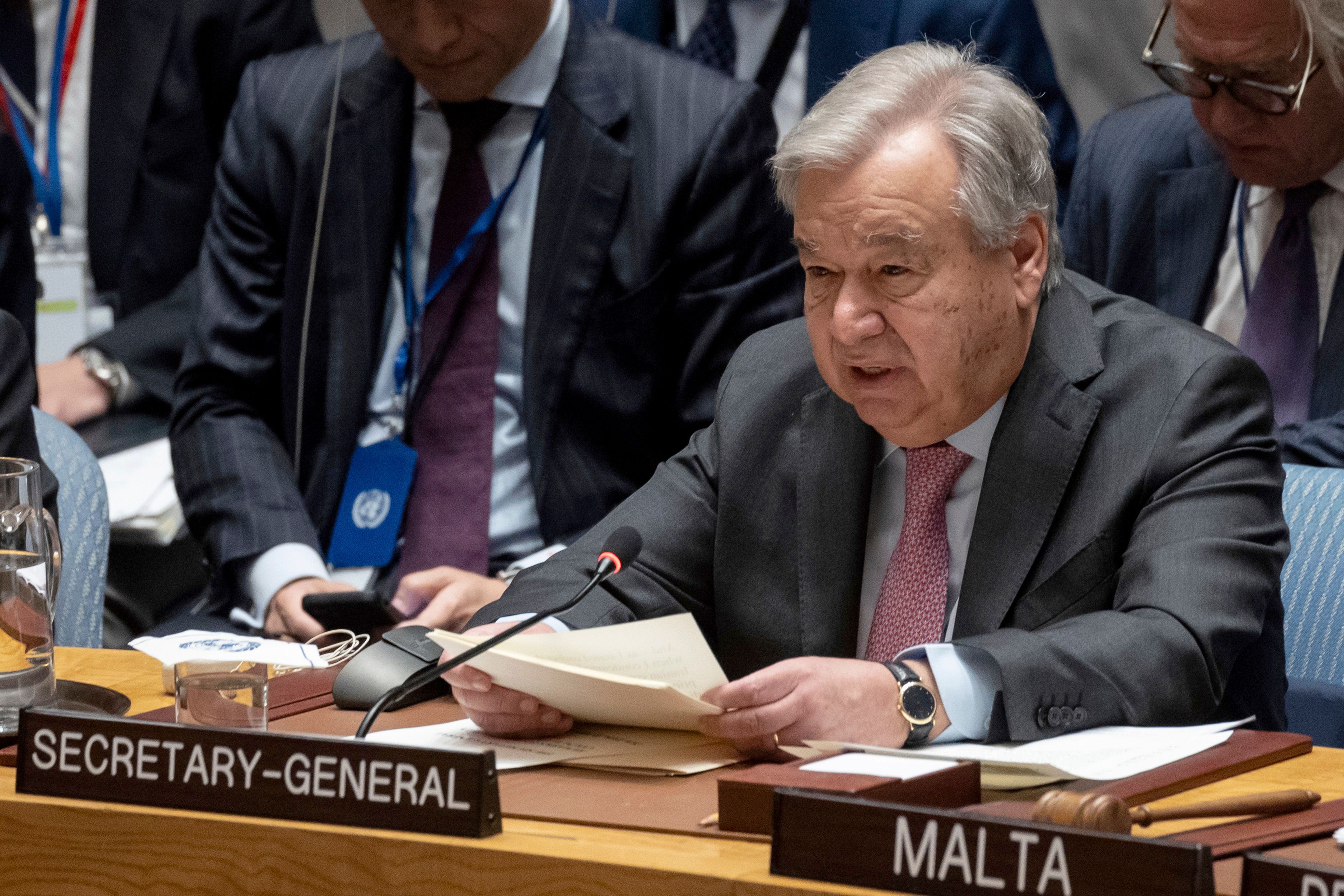 FILE - United Nations Secretary General Antonio Guterres speak during a Security Council meeting at the United Nations headquarters, April 18, 2024. U.N. Secretary General António Guterres called Wednesday, June 5, 2024, for a “windfall” tax on profits of fossil fuel companies to help pay for the fight against global warming, decrying them as the “godfathers of climate chaos.”