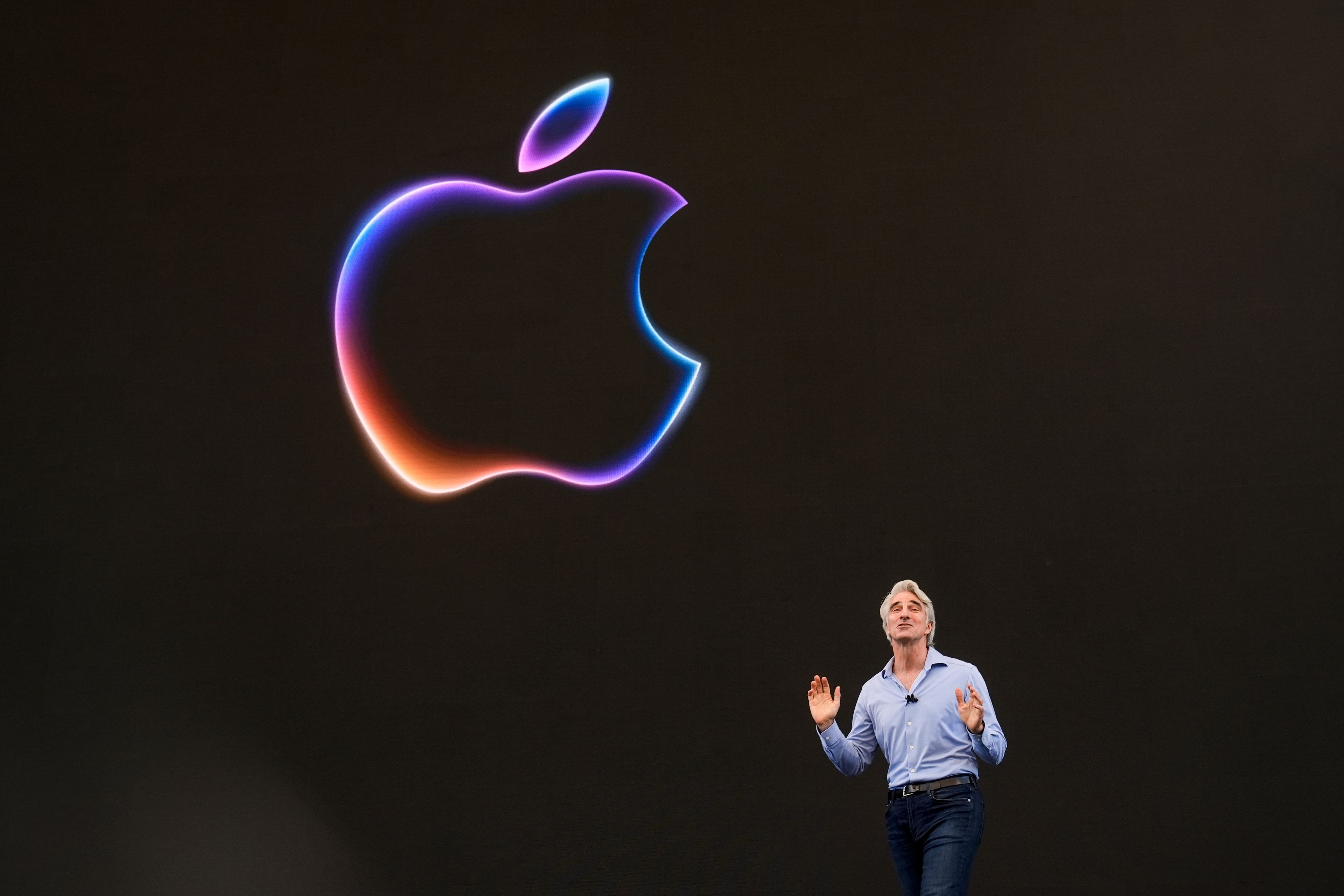 Craig Federighi, Apple's senior vice president of software engineering, speaks during an announcement of new products at the Apple campus in Cupertino, Calif., on Monday, June 10, 2024.