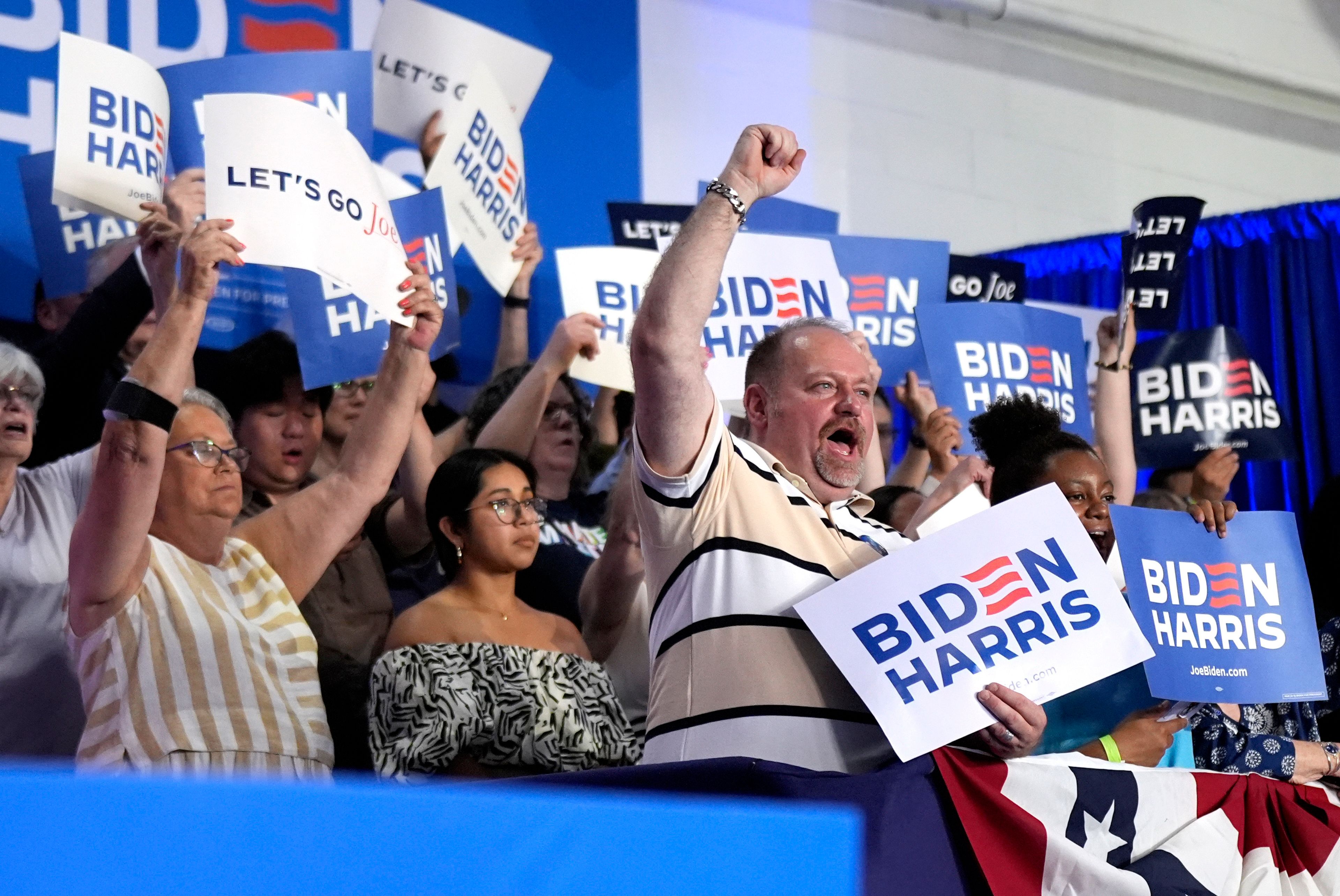 Supporters of President Joe Biden cheer at a campaign rally at Sherman Middle School in Madison, Wis., Friday, July 5, 2024. (AP Photo/Manuel Balce Ceneta)