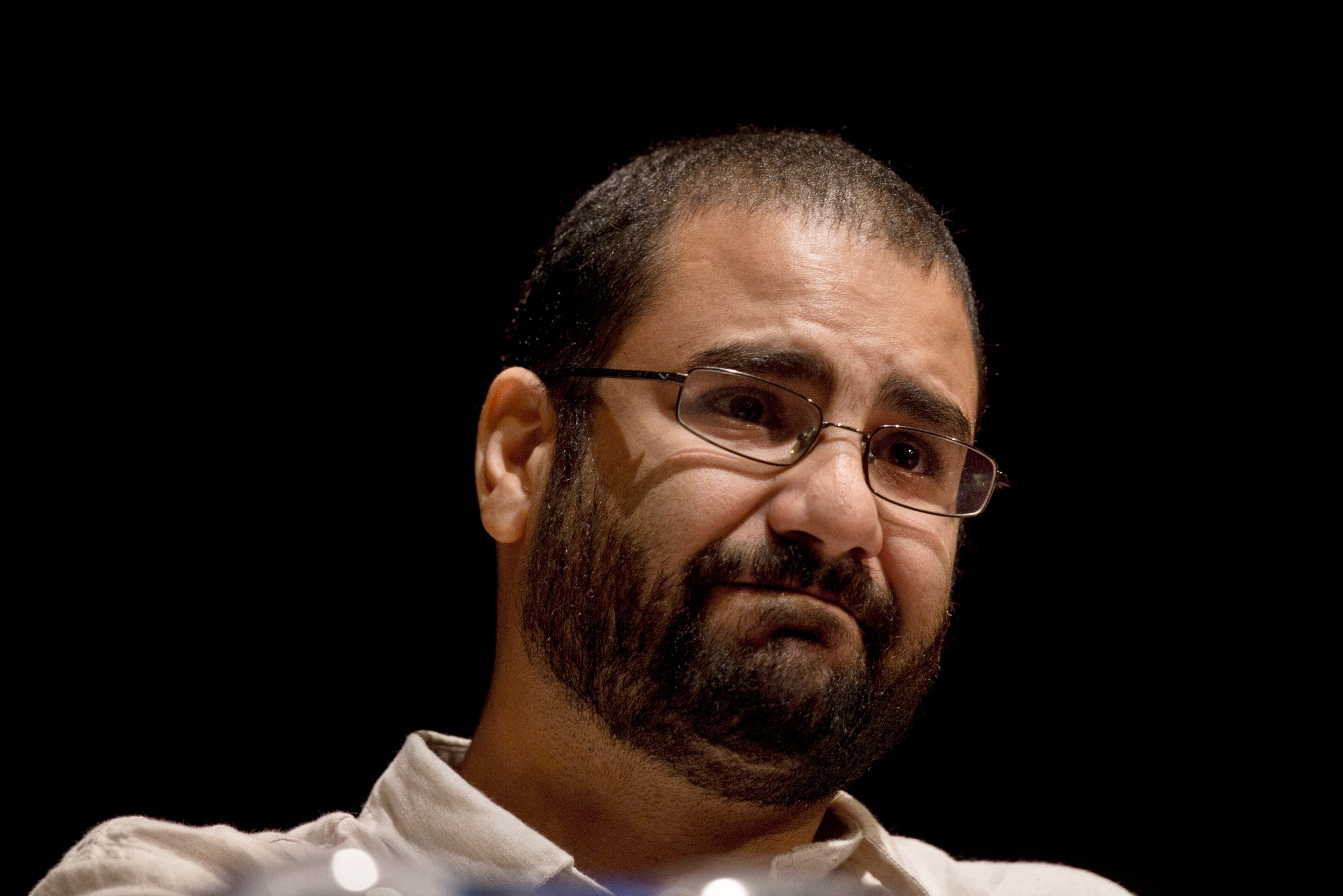 FILE - Egypt's leading pro-democracy activist Alaa Abdel-Fattah speaks during a conference at the American University in Cairo, Egypt, Sept. 22, 2014. (AP Photo/Nariman El-Mofty, File)