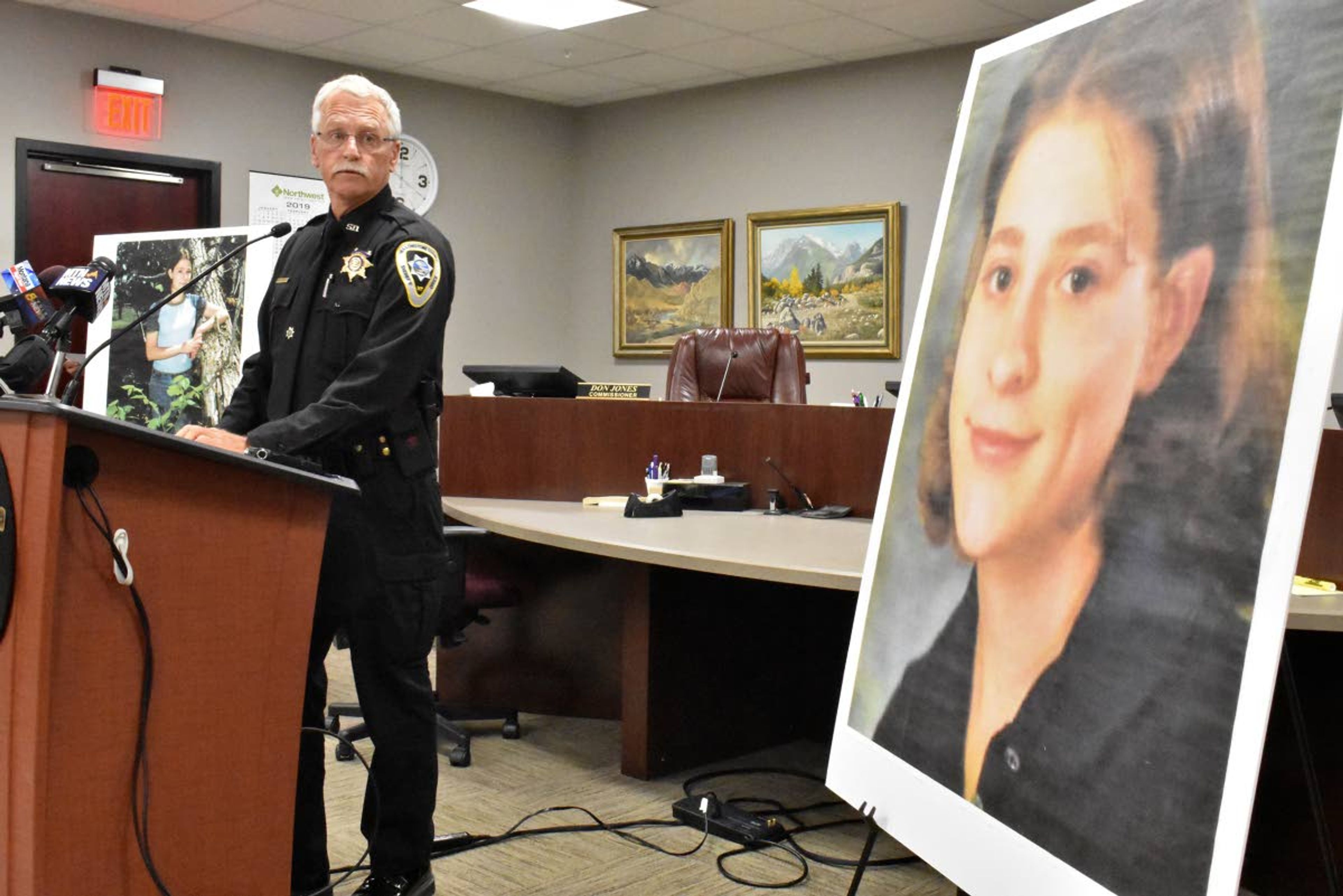 In this July 23 photo, Yellowstone County Sheriff Mike Linder announces during a news conference in Billings, Mont., that 39-year-old Zachary David O’Neill has pleaded guilty to the brutal 1998 killing of 18-year-old Miranda Fenner.