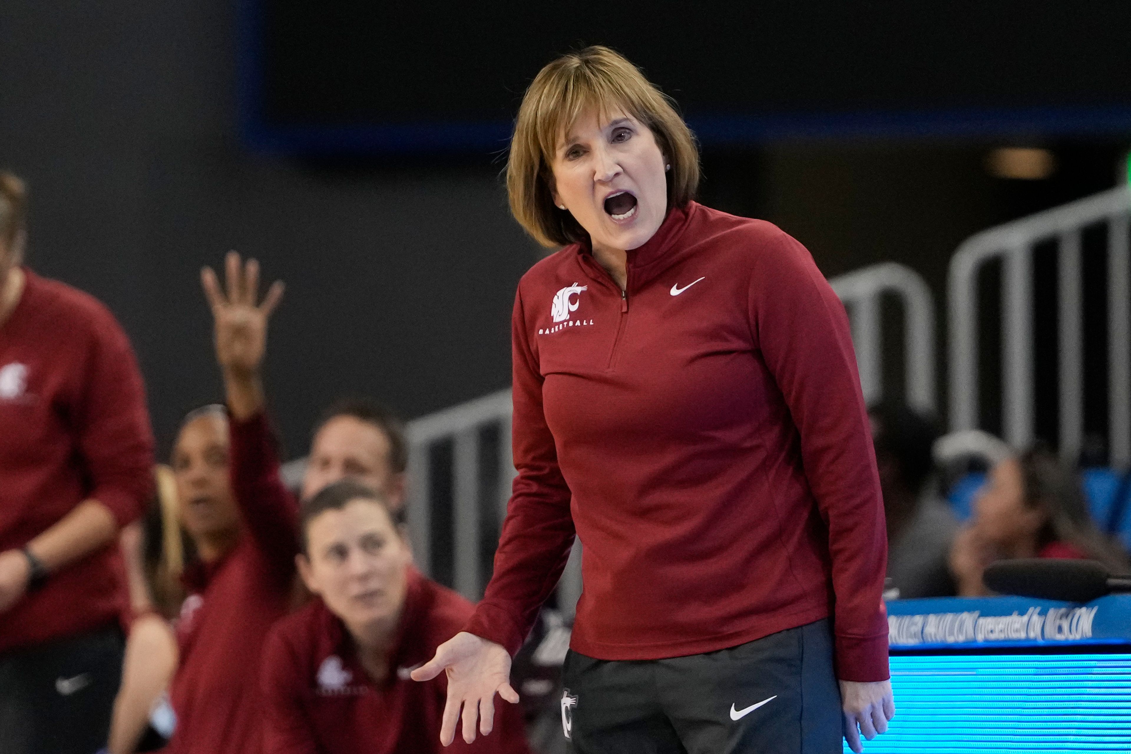 Washington State head coach Mary Camille Ethridge reacts during the second half of an NCAA college basketball game against UCLA, Sunday, Jan. 28, 2024, in Los Angeles. (AP Photo/Ryan Sun)