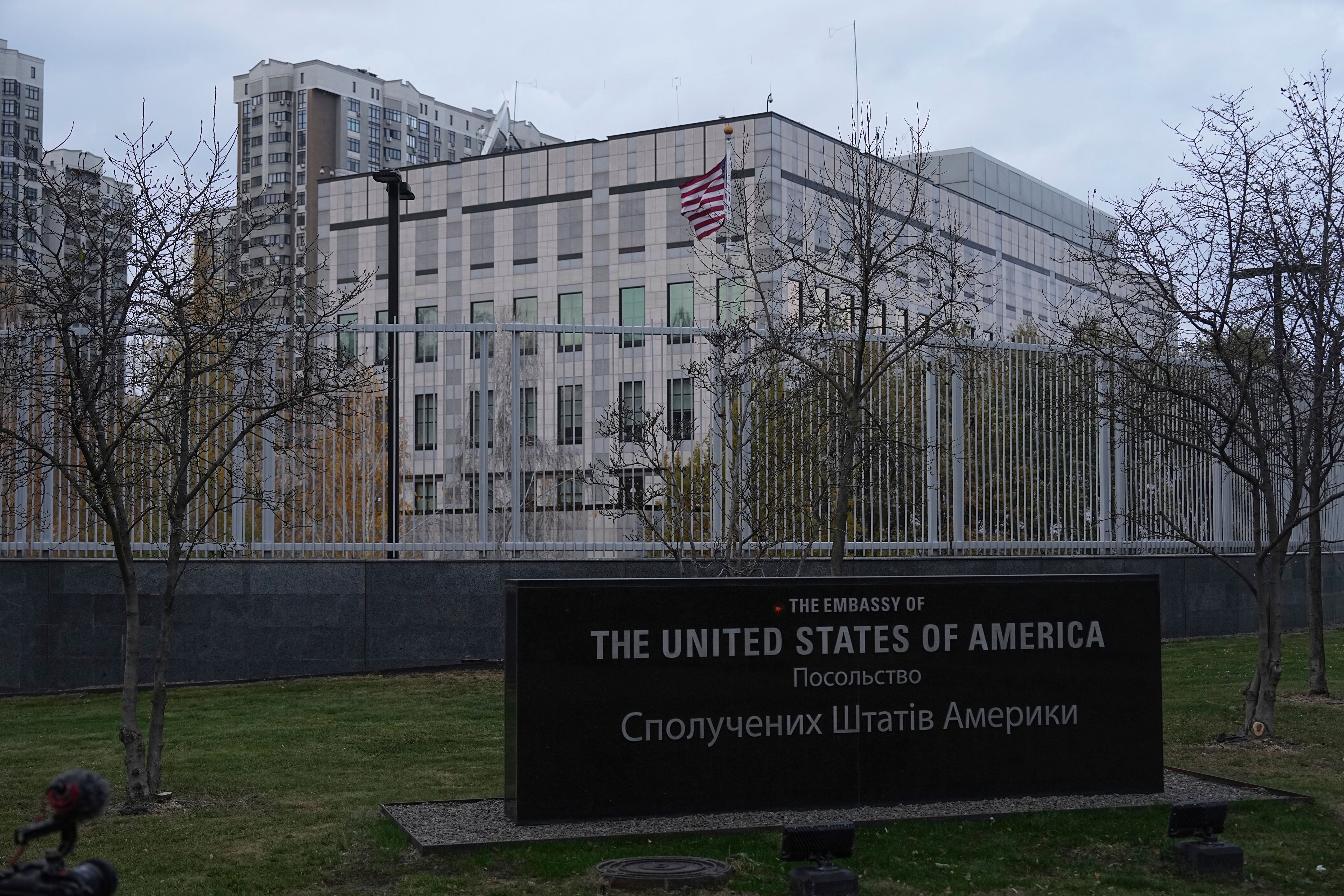 American flag waves in front of the U.S. Embassy in Kyiv, Ukraine, November 20, 2024. (AP Photo/Efrem Lukatsky)