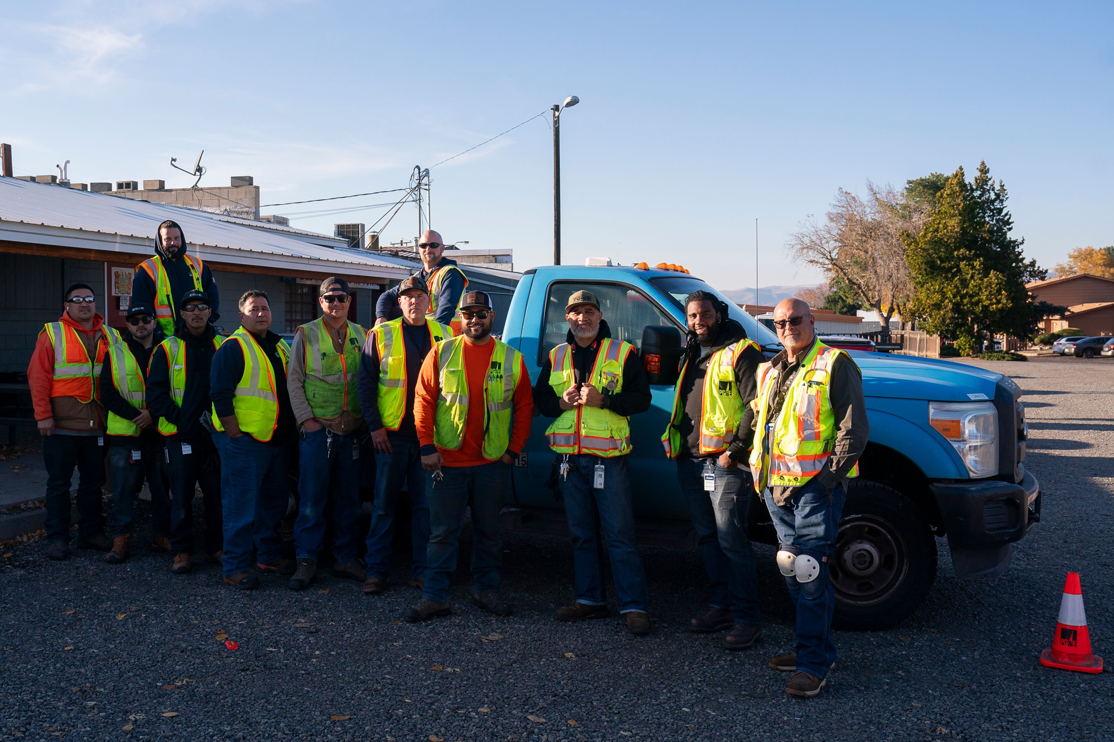 Employees from Pacific Gas and Electric, Concord, California, pose for a picture at the end of a lunch break on Tuesday in Lewiston.