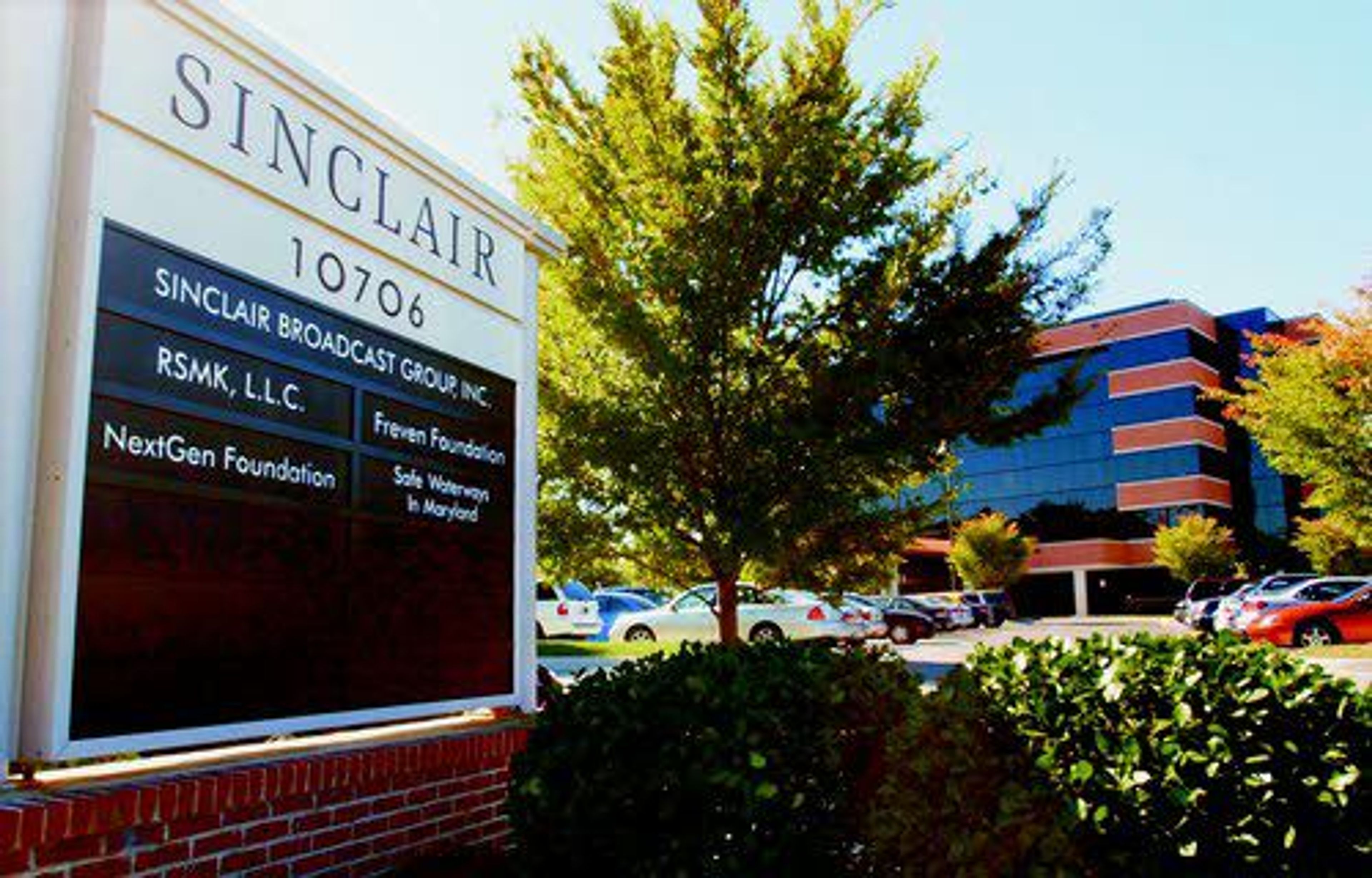 Sinclair Broadcast Group, Inc.’s headquarters Oct. 12, 2004, in Hunt Valley, Md. A Democratic candidate for Montana’s U.S. House seat is buying ads on Sinclair Broadcast Group-owned television stations that blast Sinclair for forcing reporters to read conservative-leaning corporate statements on air.