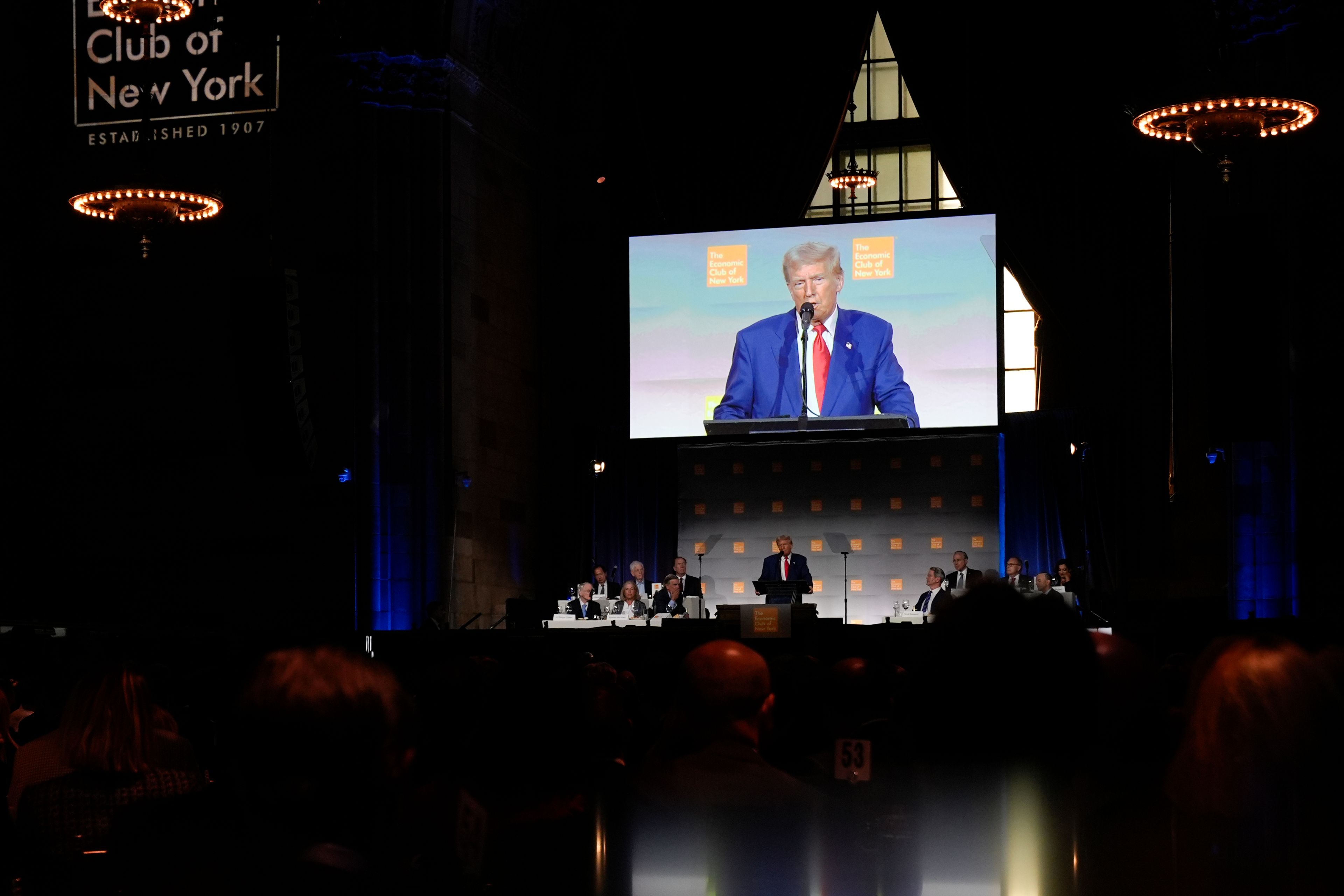 Republican presidential nominee former President Donald Trump speaks during a campaign event at the Economic Club of New York, Thursday, Sept. 5, 2024, in New York. (AP Photo/Pamela Smith)