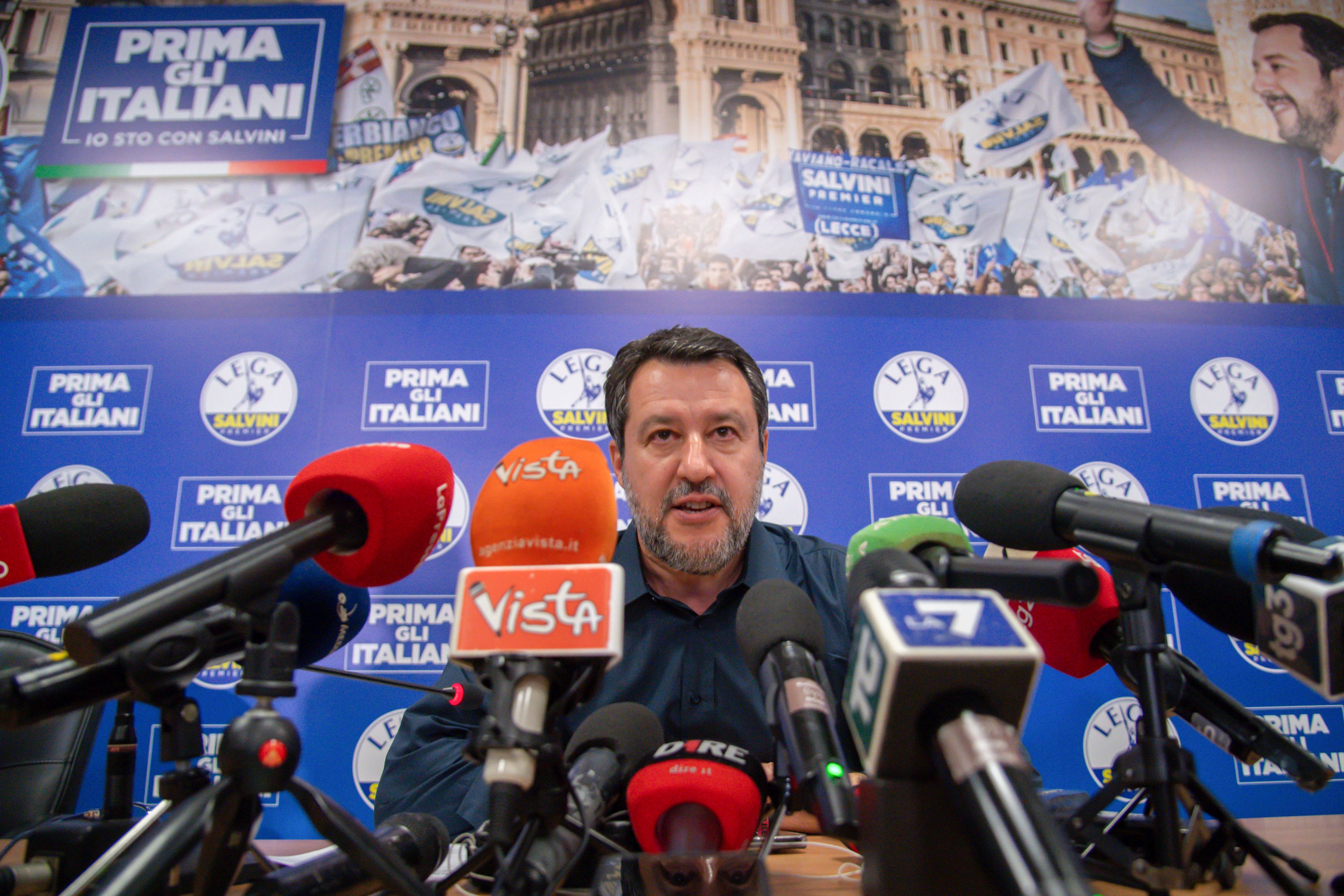 FILE _ League leader Matteo Salvini comments on early European election results at League headquarters in Milan, Italy, early Monday, June 10, 2024. Italian Premier Giorgia Meloni hosts this week’s summit of the Group of Seven industrialized nations as the most stable European Union leader. Meloni’s German and French counterparts were shaken by European Parliamentary elections that fortified Meloni’s far-right Brothers of Italy as the strongest in Italy, setting her up as a possible bridge maker, if not kingmaker, in Europe. (Claudio Furlan/LaPresse via AP, File