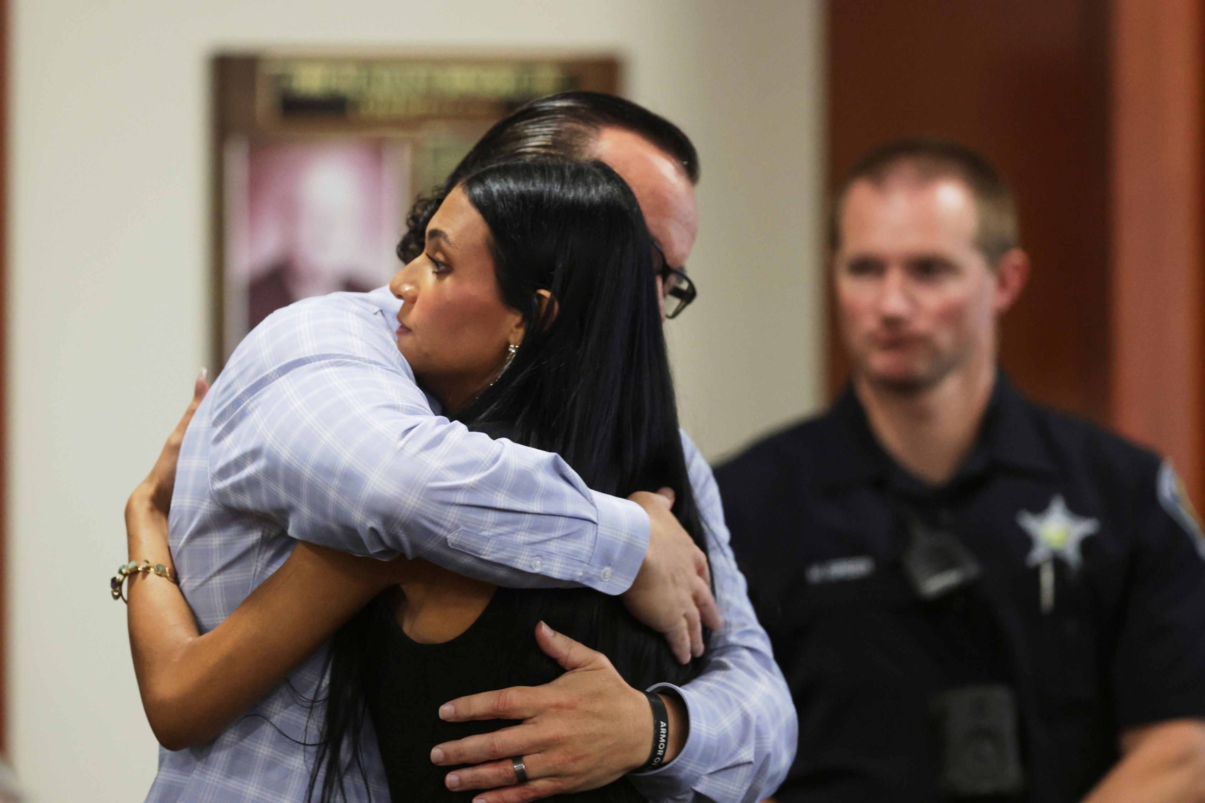 Steve Goncalves, father of victim Kaylee Goncalves, hugs his daughter Alivea after speaking Wendesday at the sentencing hearing of Bryan Kohberger at the Ada County Courthouse in Boise.