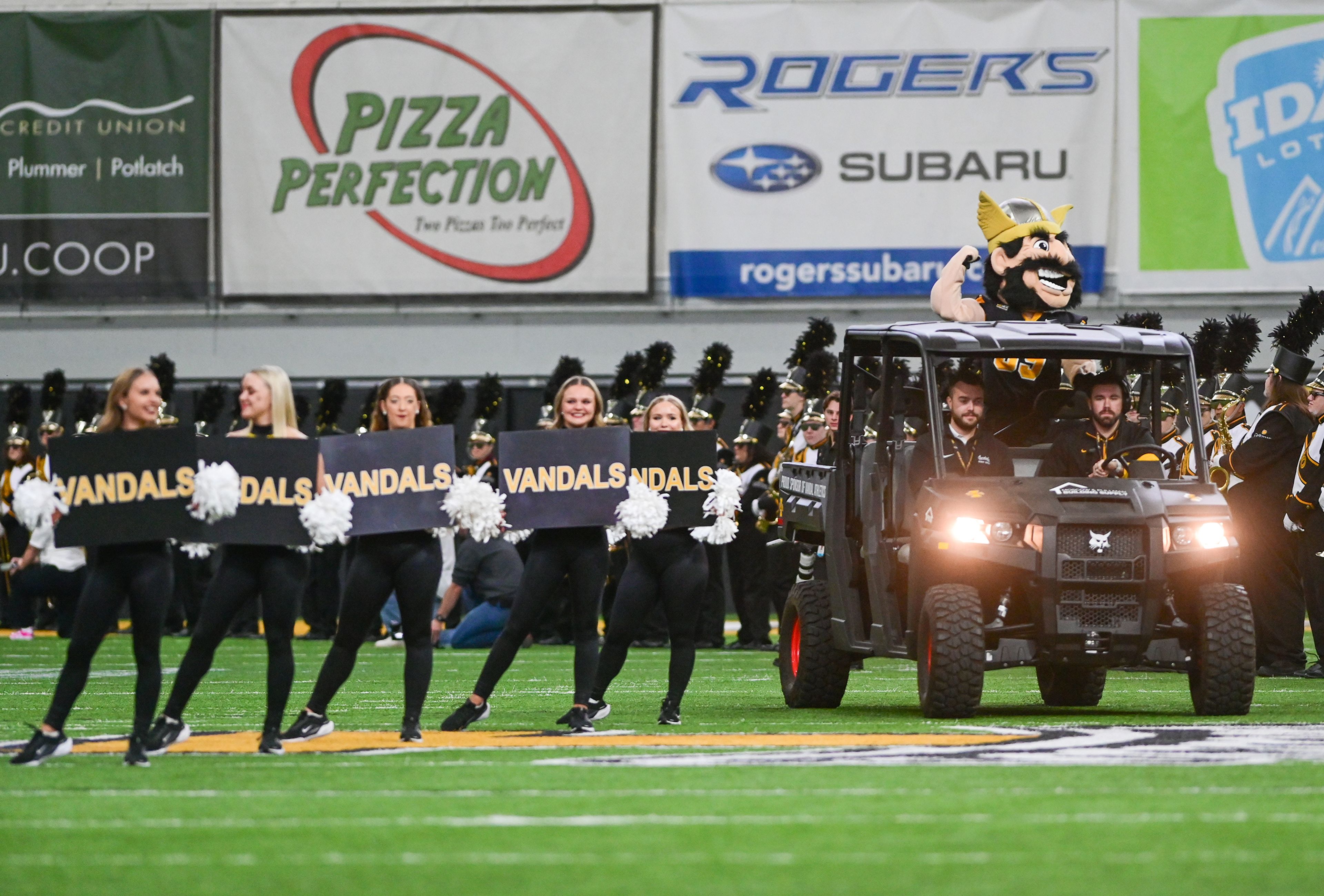 Idahos mascot Joe Vandal enters the field Saturday before a game against Cal Poly at the P1FCU Kibbie Dome in Moscow.,