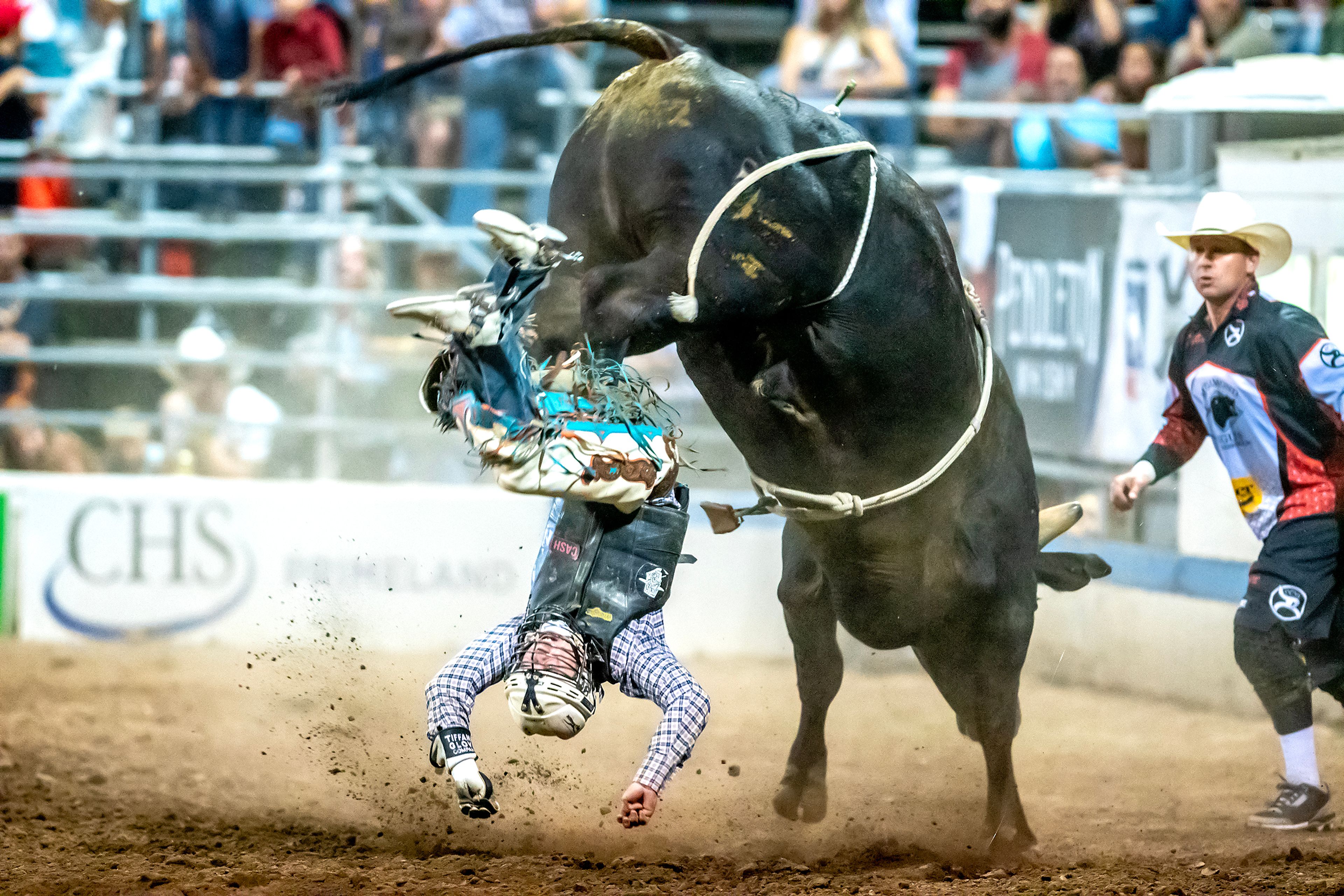 Jeter Lawrence is flipped off of Back in Black in the bull riding competition on day 2 of the Lewiston Roundup.