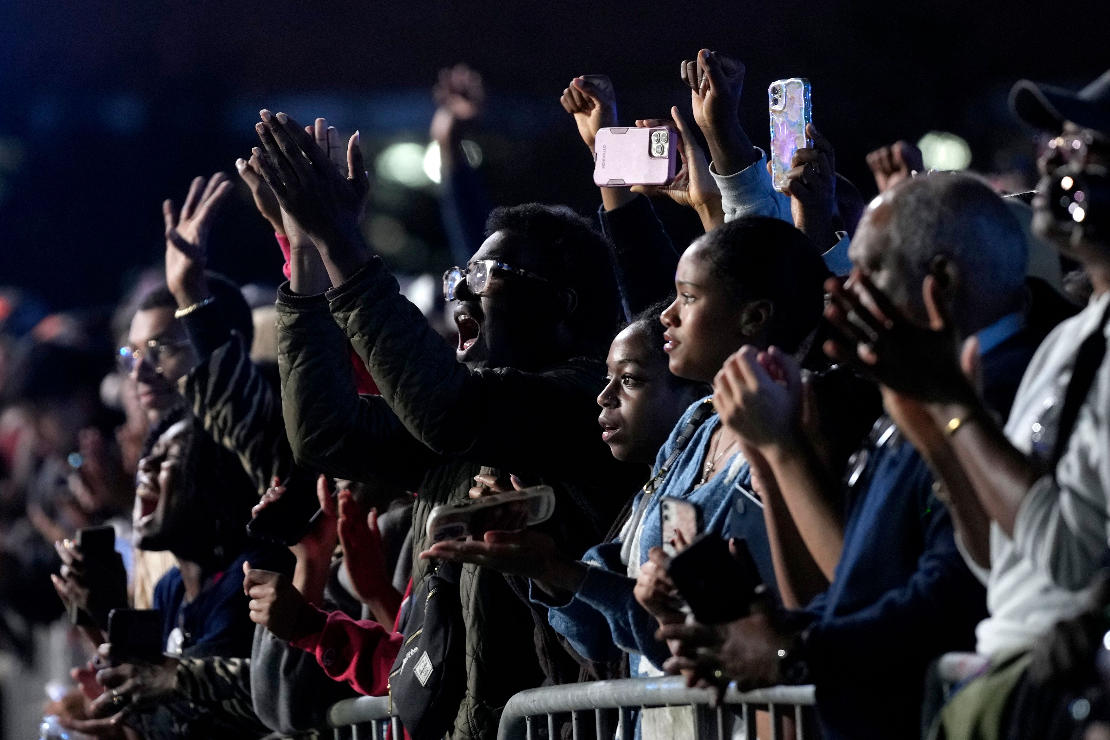 Supporters cheer before Democratic presidential nominee Vice President Kamala Harris arrives for an election night campaign watch party, Tuesday, Nov. 5, 2024, on the campus of Howard University in Washington. (AP Photo/Susan Walsh)