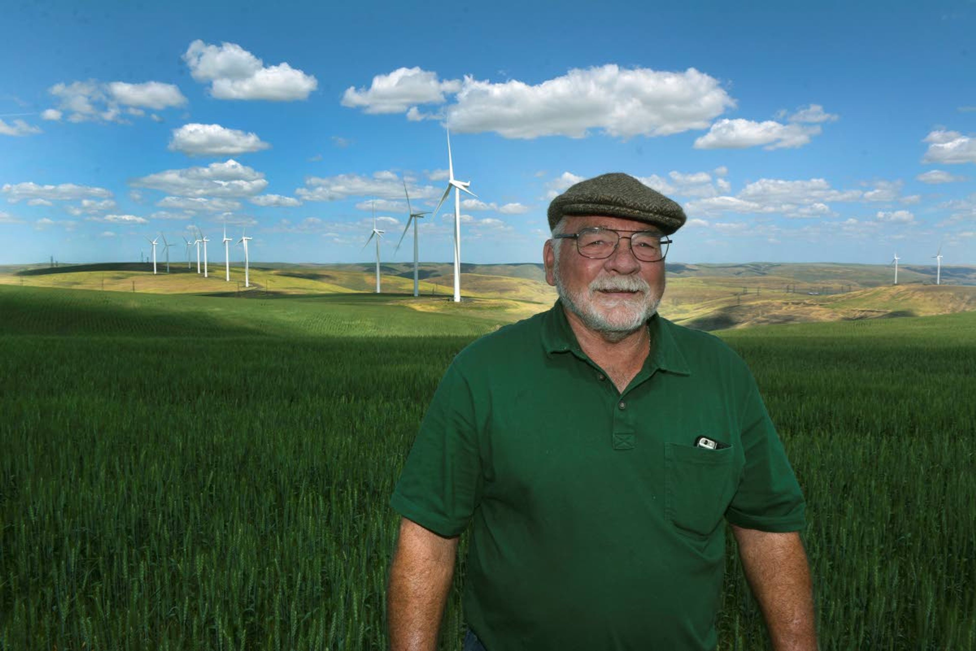 Clay Barr poses for a photograph in one of his wheat fields near Pomeroy. A solar farm has been proposed for the site, which is home to approximately 20 wind turbines.