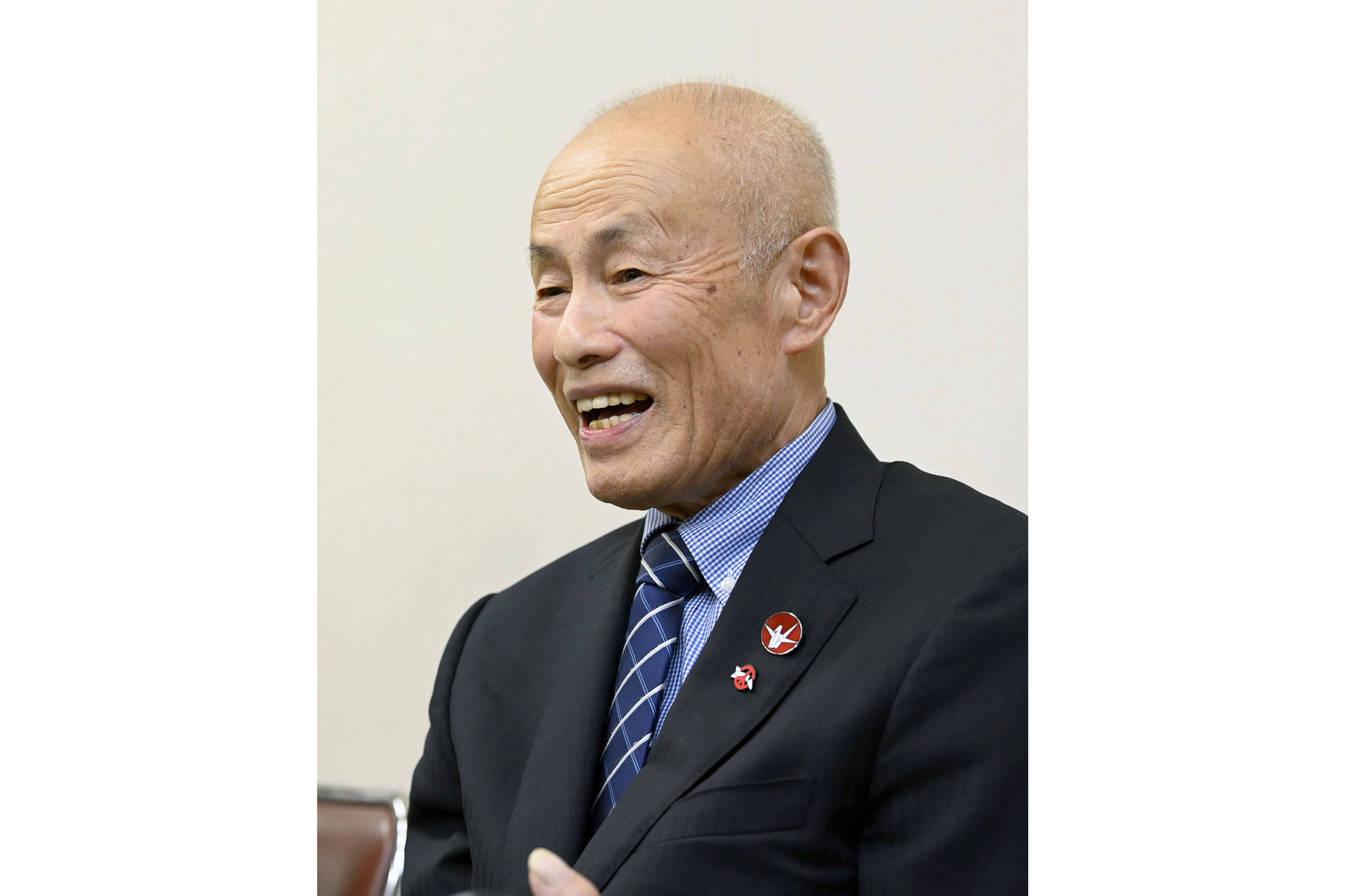 Toshiyuki Mimaki, president of Nihon Hidankyo, or the Japan Confederation of A- and H-Bomb Sufferers Organizations, speaks to media members in Hiroshima, western Japan, Friday, Oct. 11, 2024, following Nihon Hidankyo's winning the Nobel Peace Prize. (Moe Sasaki/Kyodo News via AP)