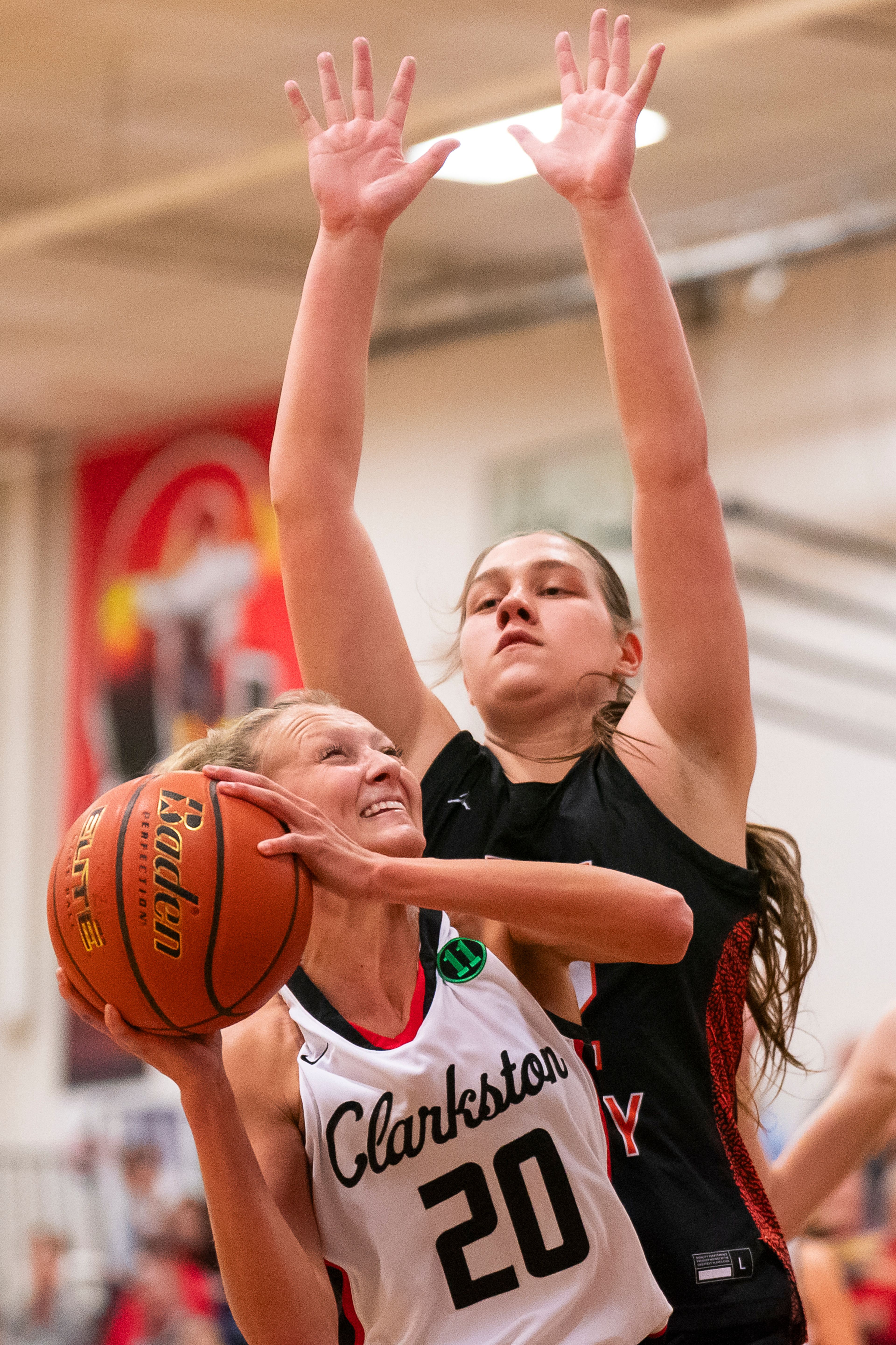 Clarkston’s Eloise Teasley (20) goes up for a shot during their game against West Valley on Tuesday at Clarkston High School.