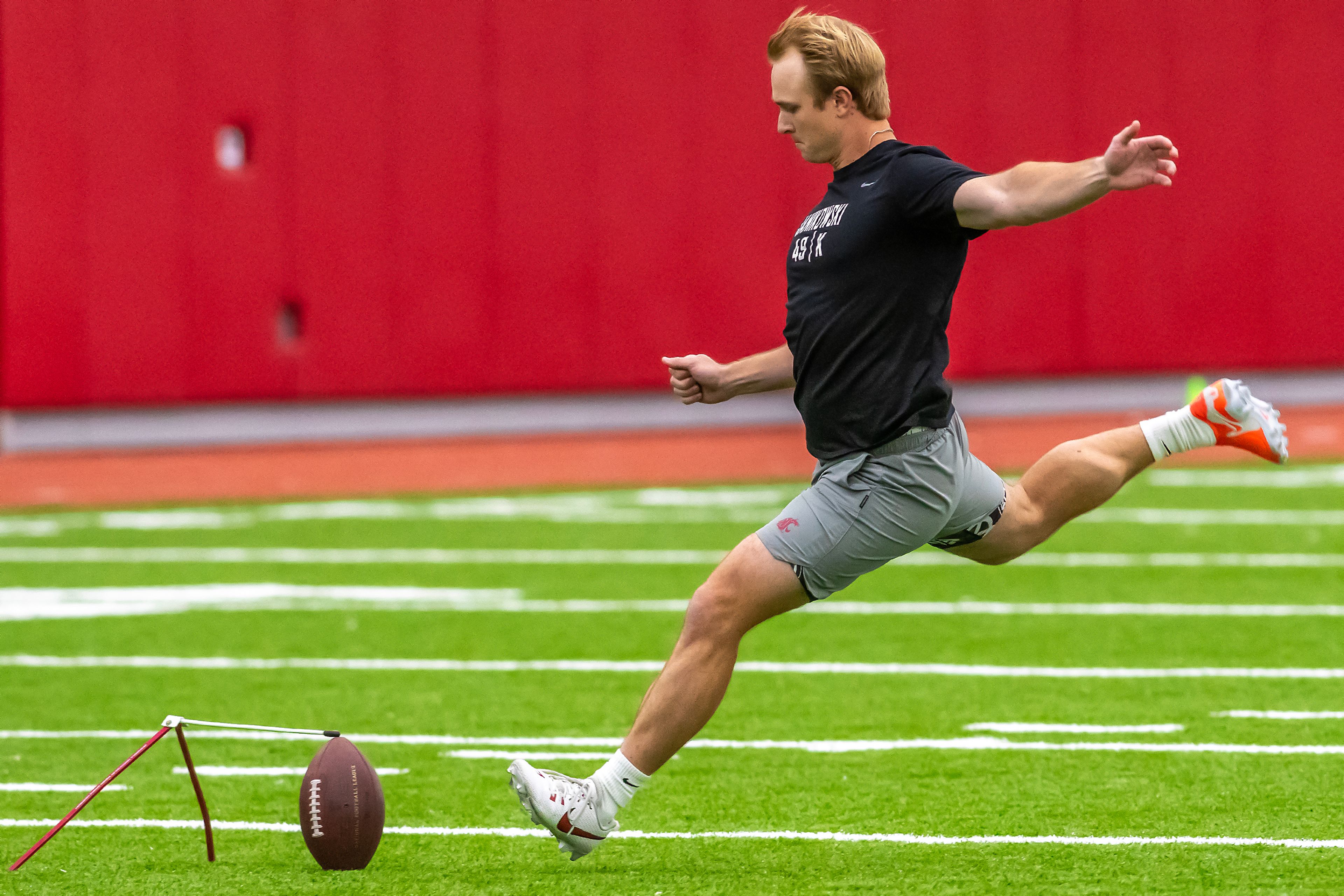Washington State kicker Dean Janikowski prepares to hit the ball during WSU's Pro Day on Friday in Pullman.
