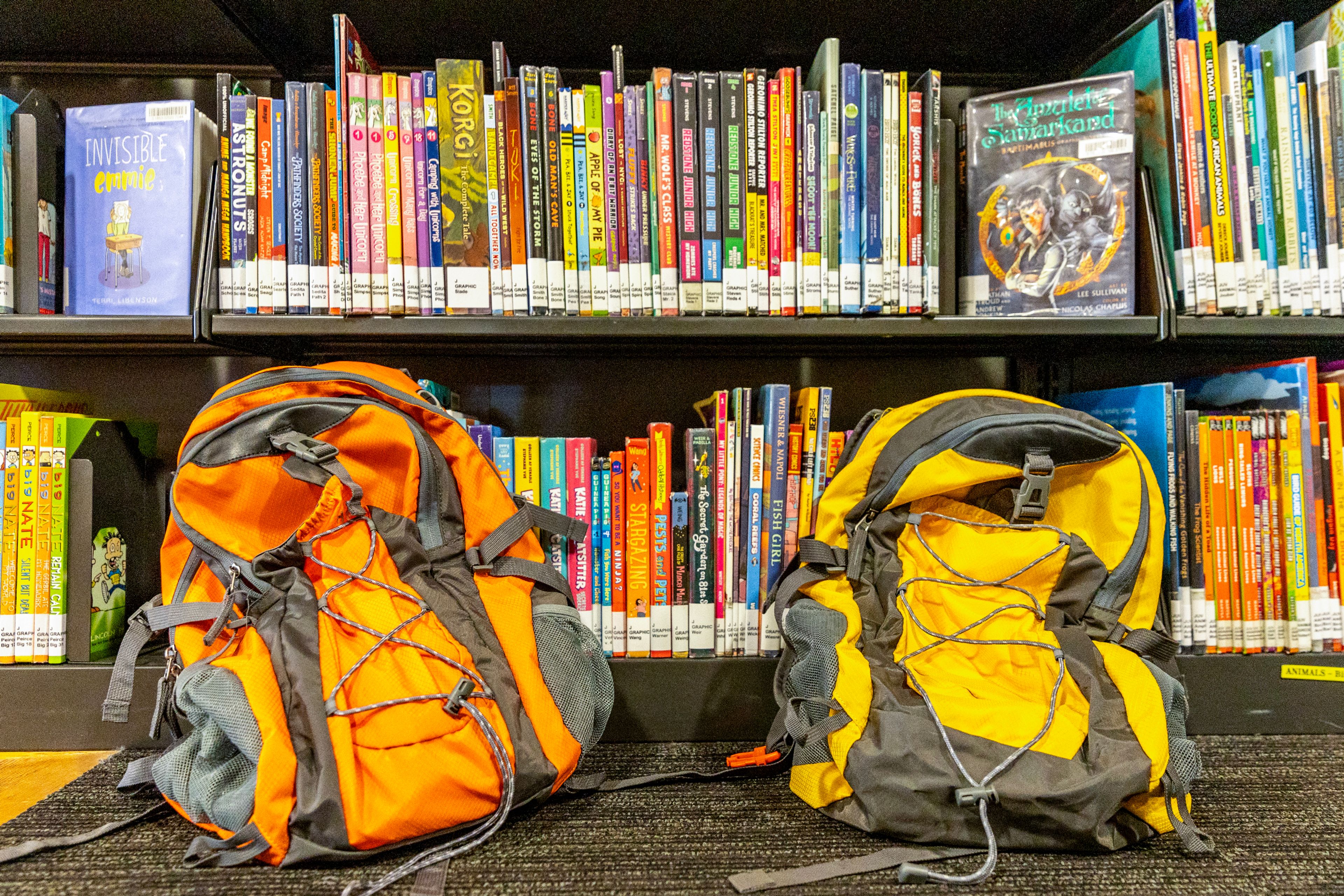 Outdoors backpacks are pictured at the Lewiston City Library on Wednesday.