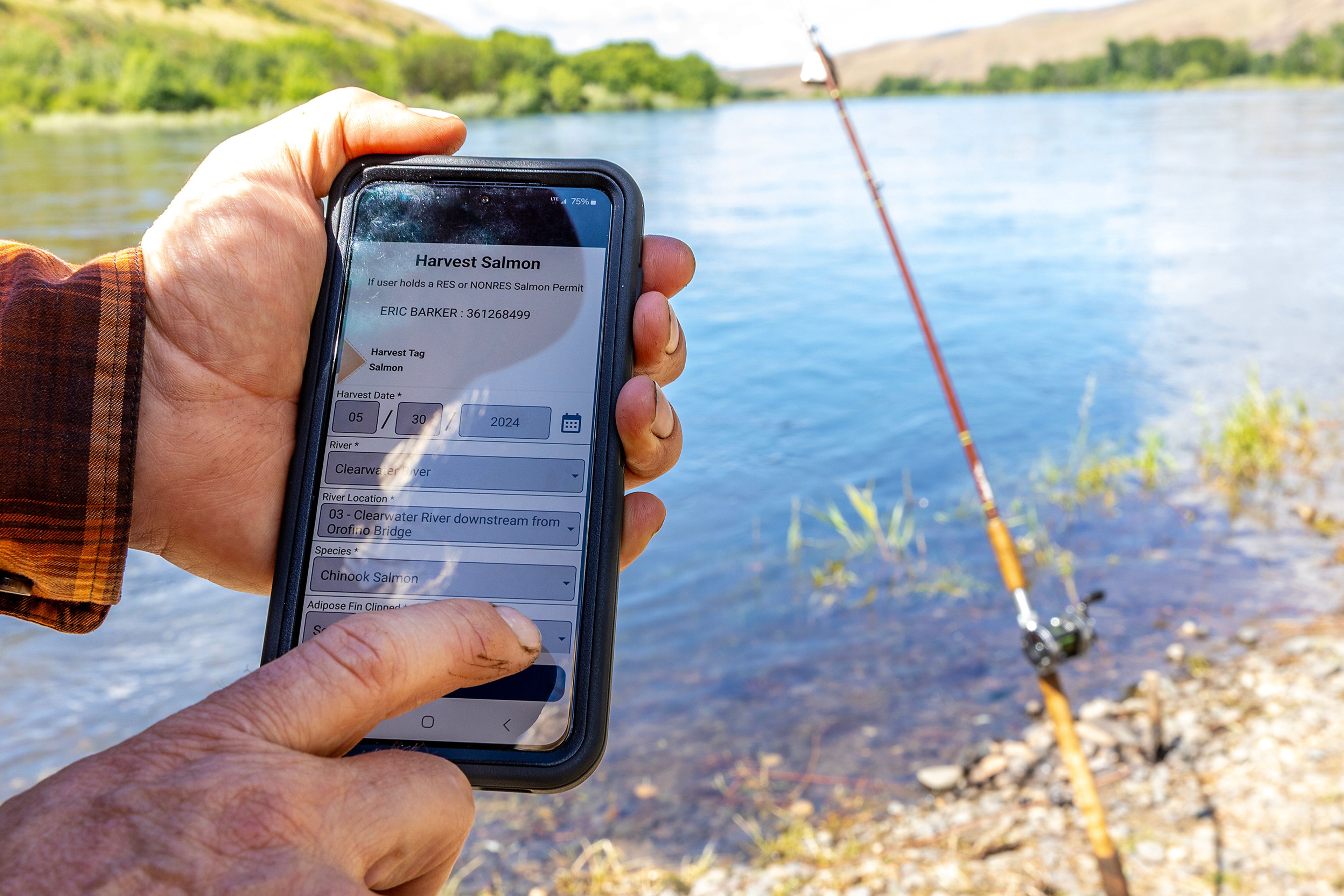 A phone shows Idaho Fish and Game’s new etag system Thursday at Hog Island.