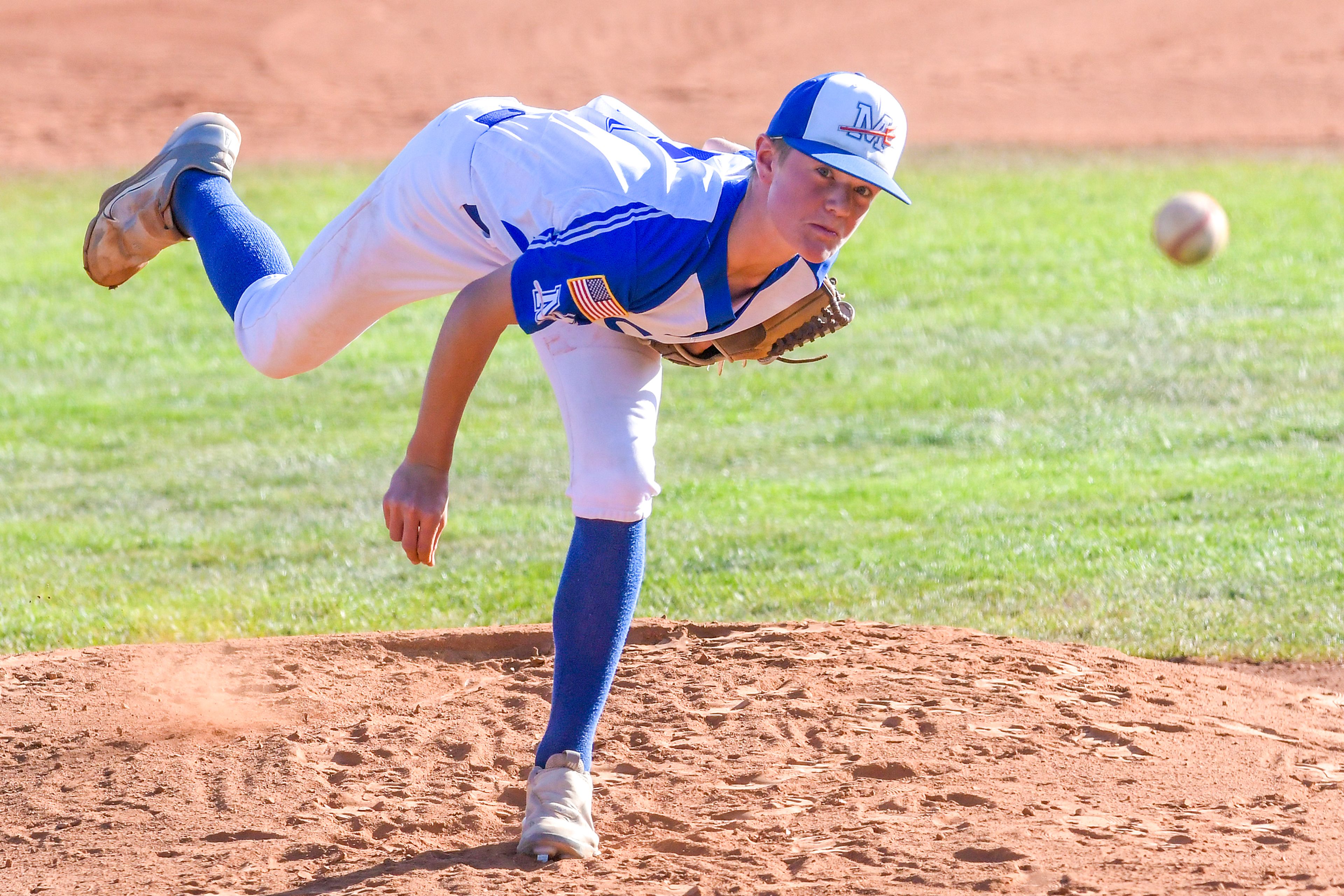 Moscow Blue Devils pitcher Brock Fealy throws a pitch against the Cubs in a game of the Clancy Ellis Tournament on Saturday at Harris Field in Lewiston.