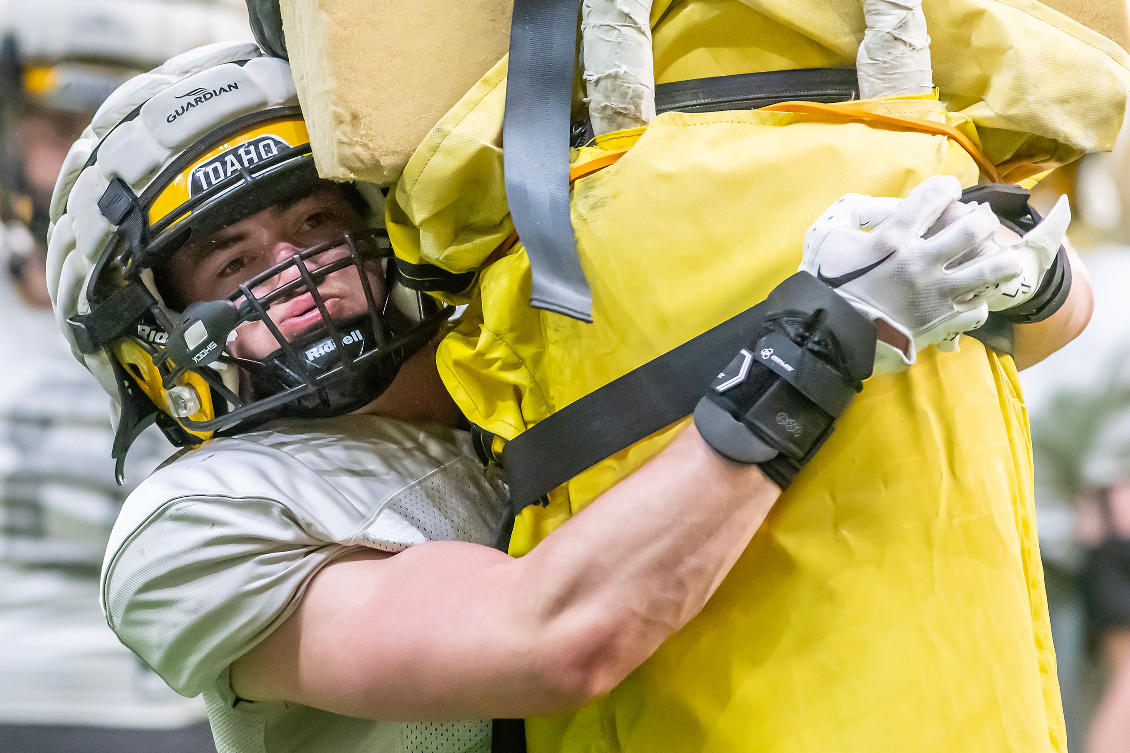 Idaho linebacker Zach Johnson works on drills during practice April 2 at the P1FCU Kibbie Dome in Moscow.