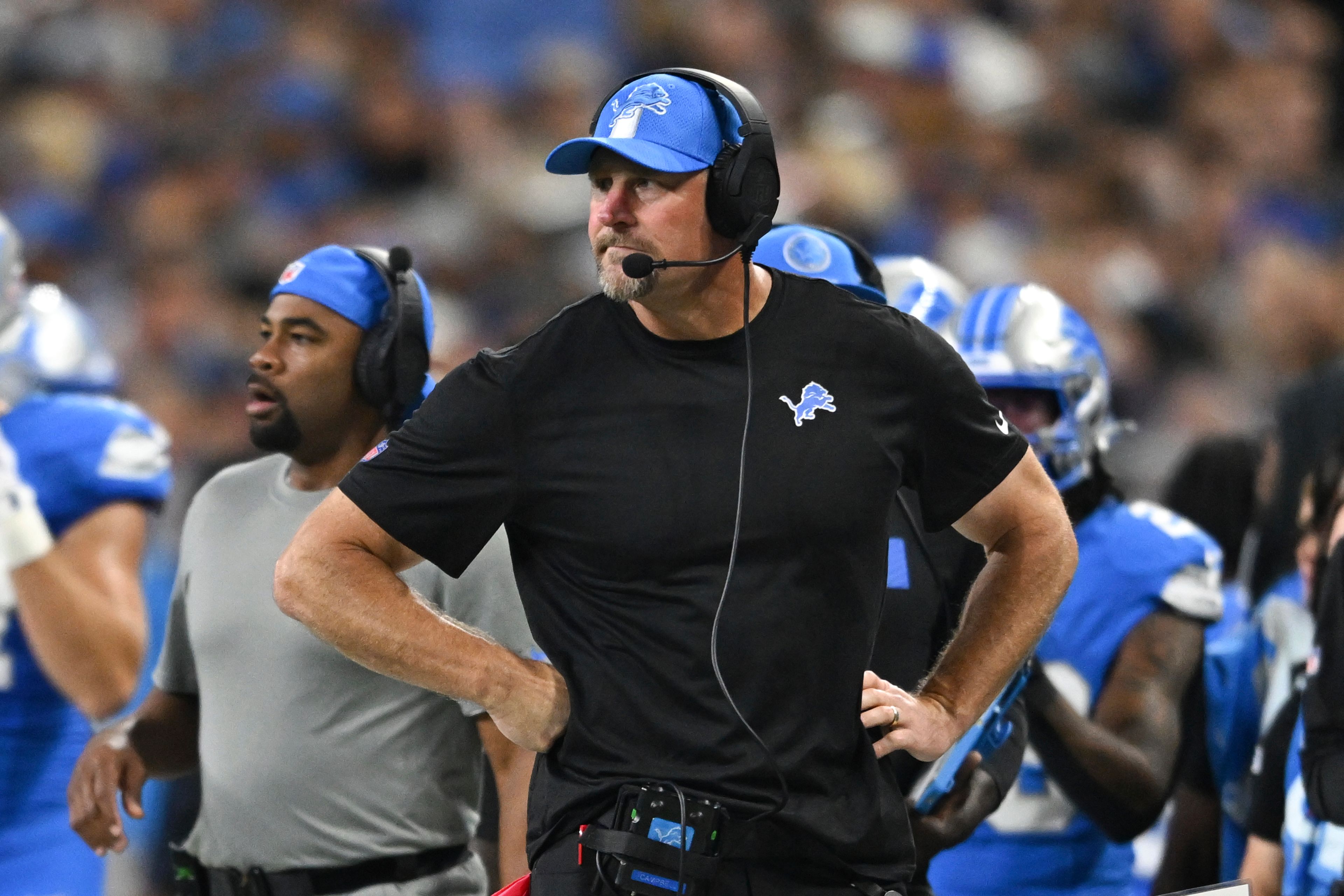 Detroit Lions head coach Dan Campbell watches against the Los Angeles Rams during the first half of an NFL football game in Detroit, Sunday, Sept. 8, 2024. (AP Photo/David Dermer)