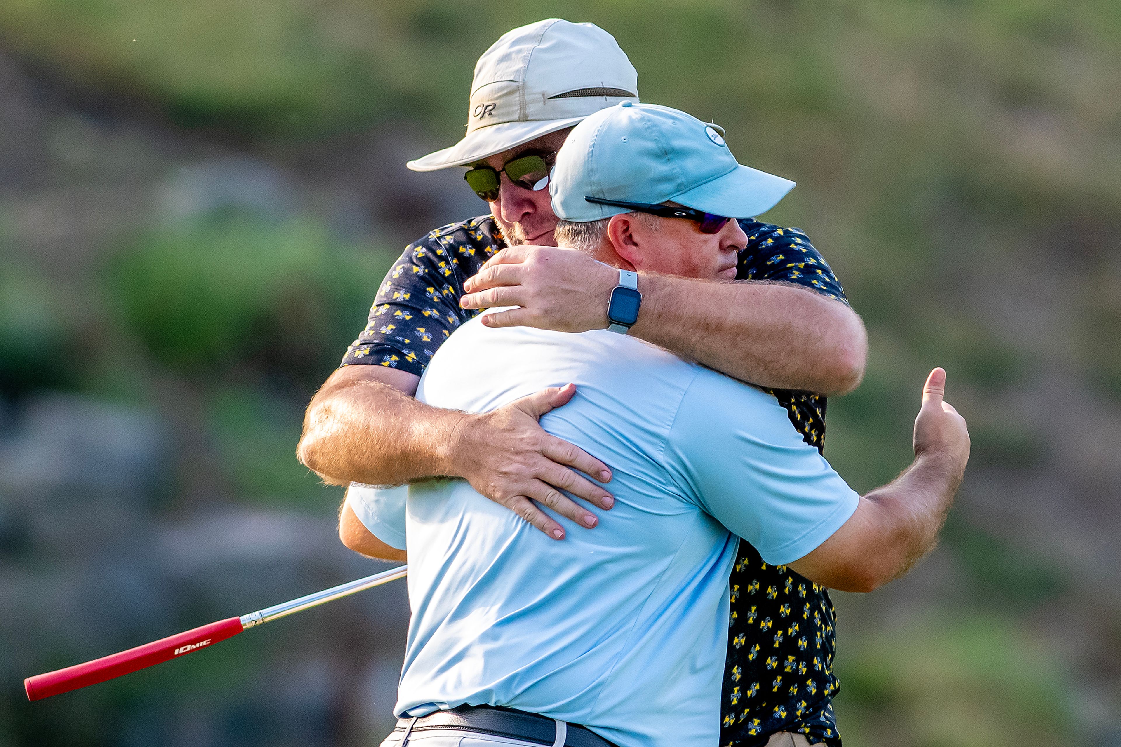 Jason Huff is congratulated on his victory in the Sole Survivor Tournament Monday at the Lewiston Golf and Country Club.