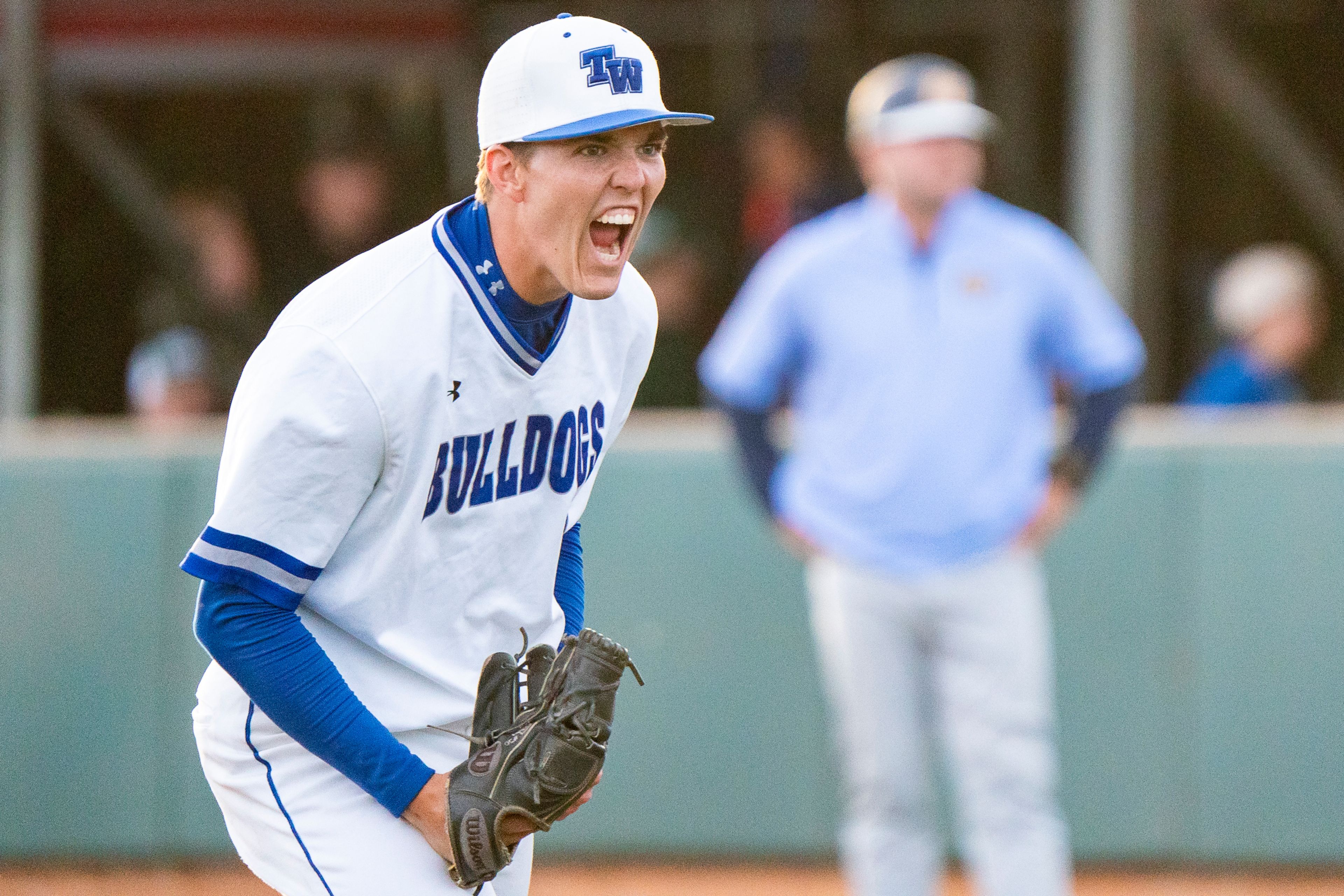 Tennessee Wesleyan pitcher Blake Peyto celebrates after getting out of an inning during Game 18 of the NAIA World Series against on Thursday at Harris Field in Lewiston.