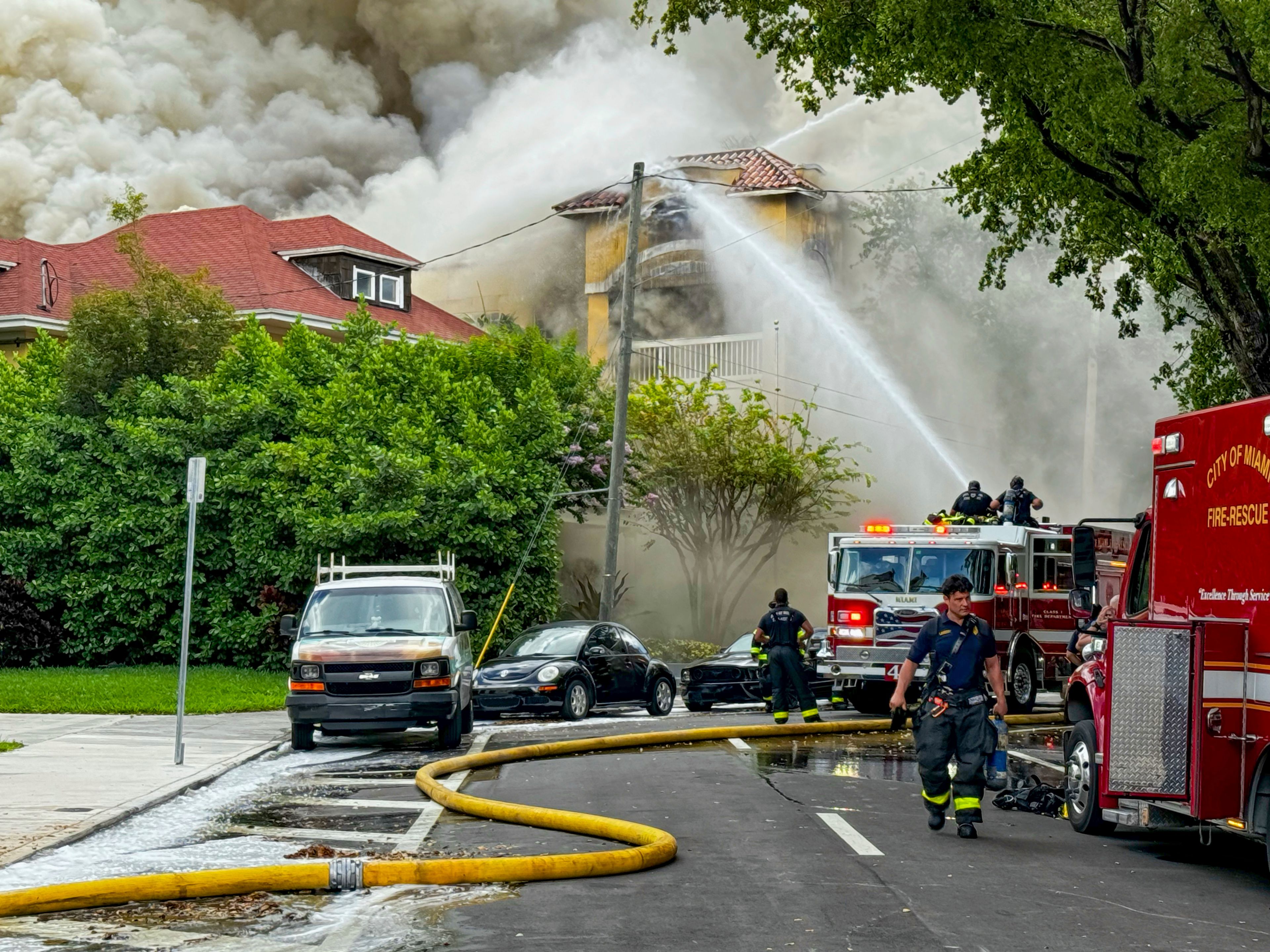 Miami Fire Rescue and Miami police working at the scene of the fire at the Temple Court Apartments, Monday, June 10, 2024 in Miami.