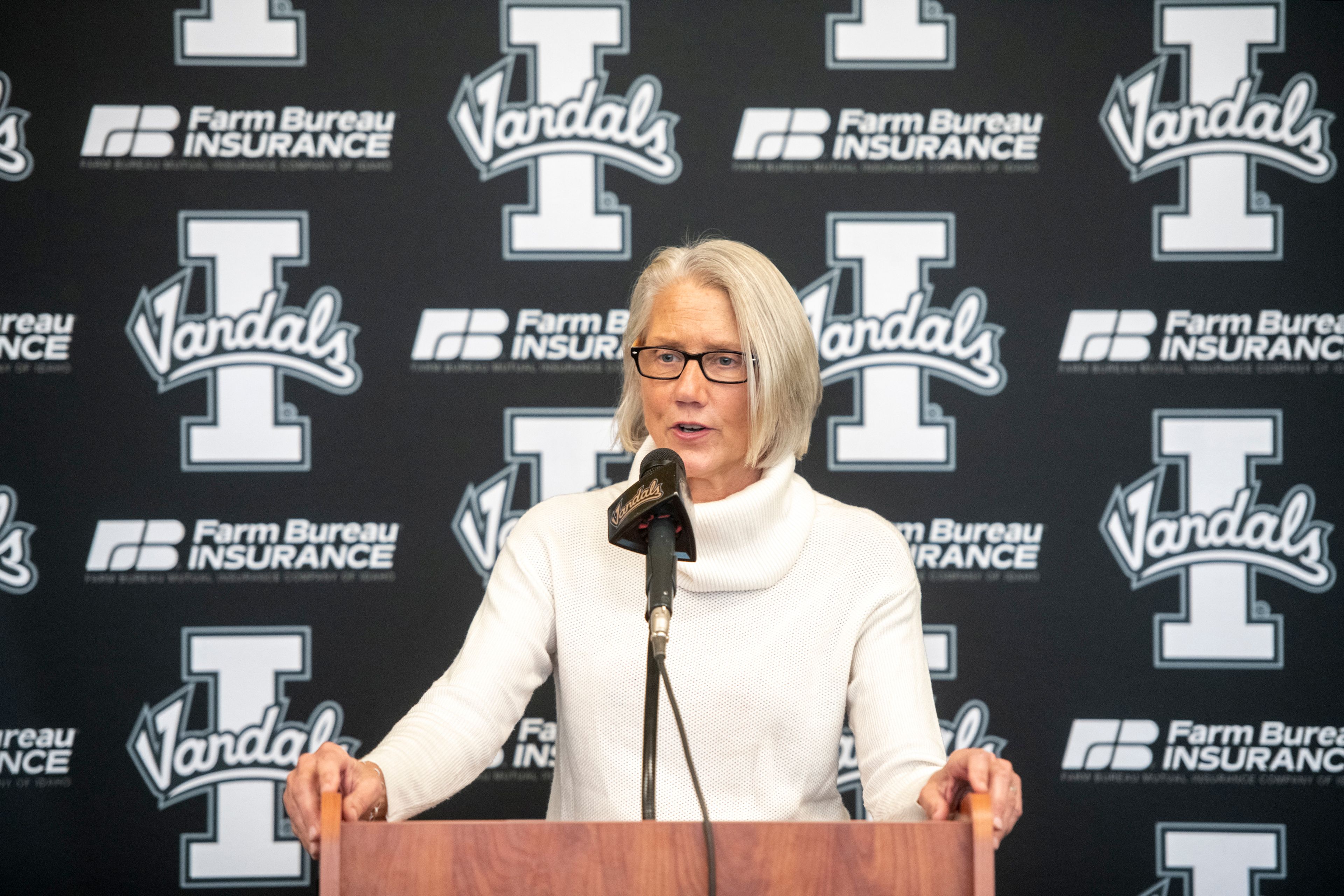 Idaho Athletic Director Terry Gawlik answers questions from the media during a press conference Nov. 19, 2021, in ICCU Arena to discuss the termination of head coach Paul Petrino following the Vandals’ last game of the season against Idaho State.