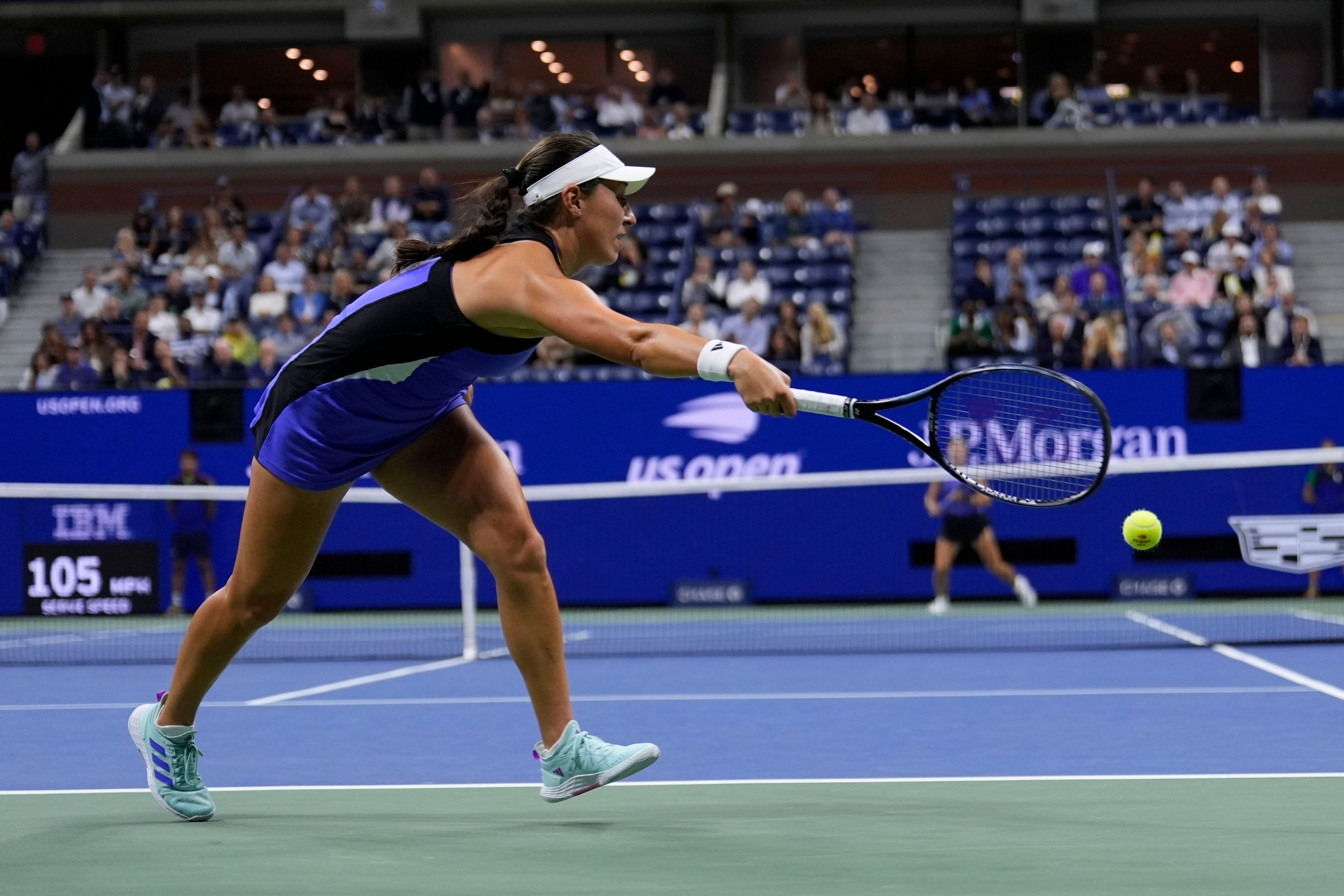 Jessica Pegula, of the United States, tries to returns a shot to Karolina Muchova, of the Czech Republic, during the women's singles semifinals of the U.S. Open tennis championships, Thursday, Sept. 5, 2024, in New York.