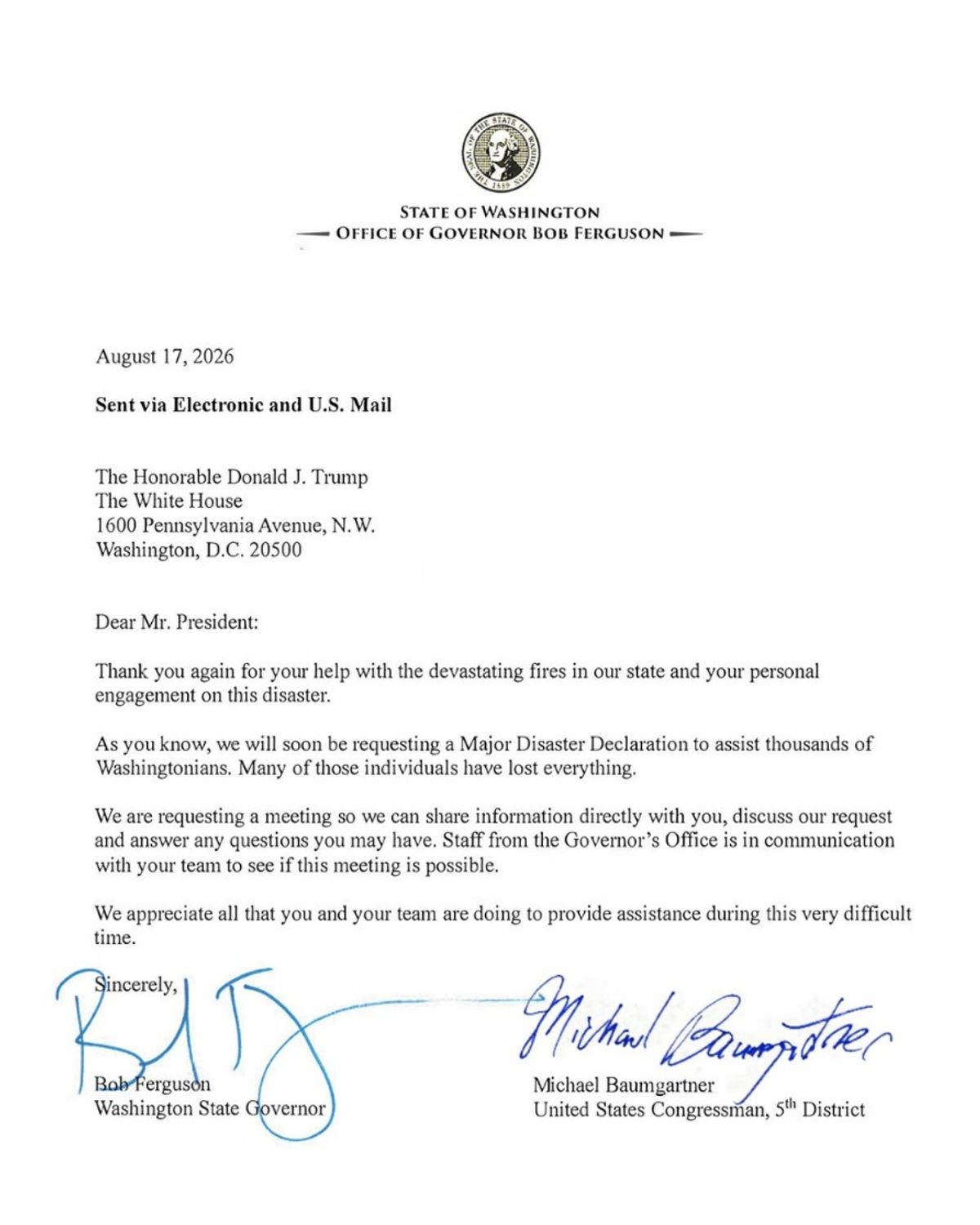 Ferguson, Baumgartner seek meeting with Trump on WA wildfire...
