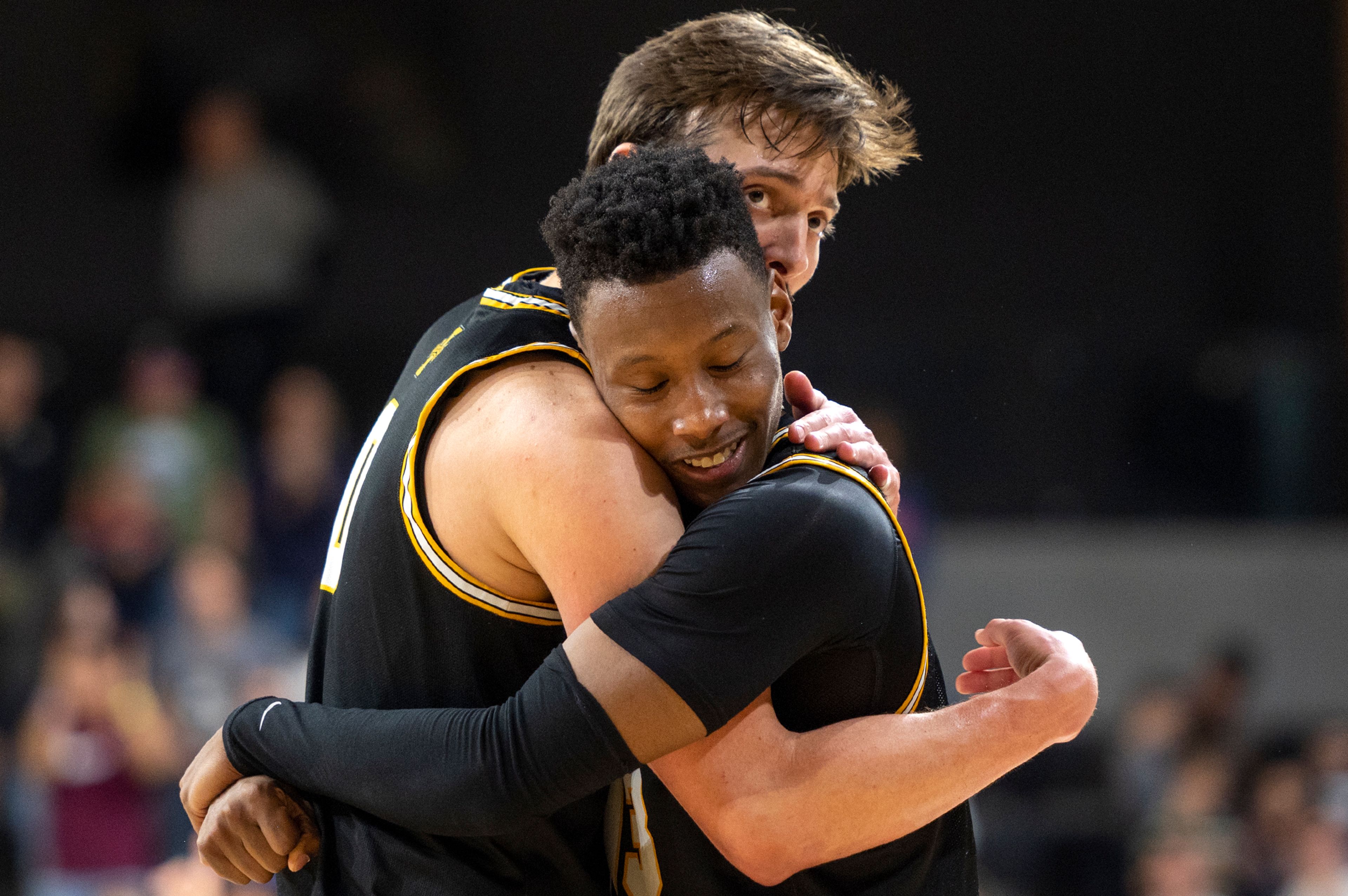 Idaho forward Michael Hanshaw, left, hugs teammate Divant'e Moffitt after defeating Montana State on Monday’s Big Sky Conference game at Idaho Central Credit Union Arena. Moffitt finished the game with 32 points and 7 assists.