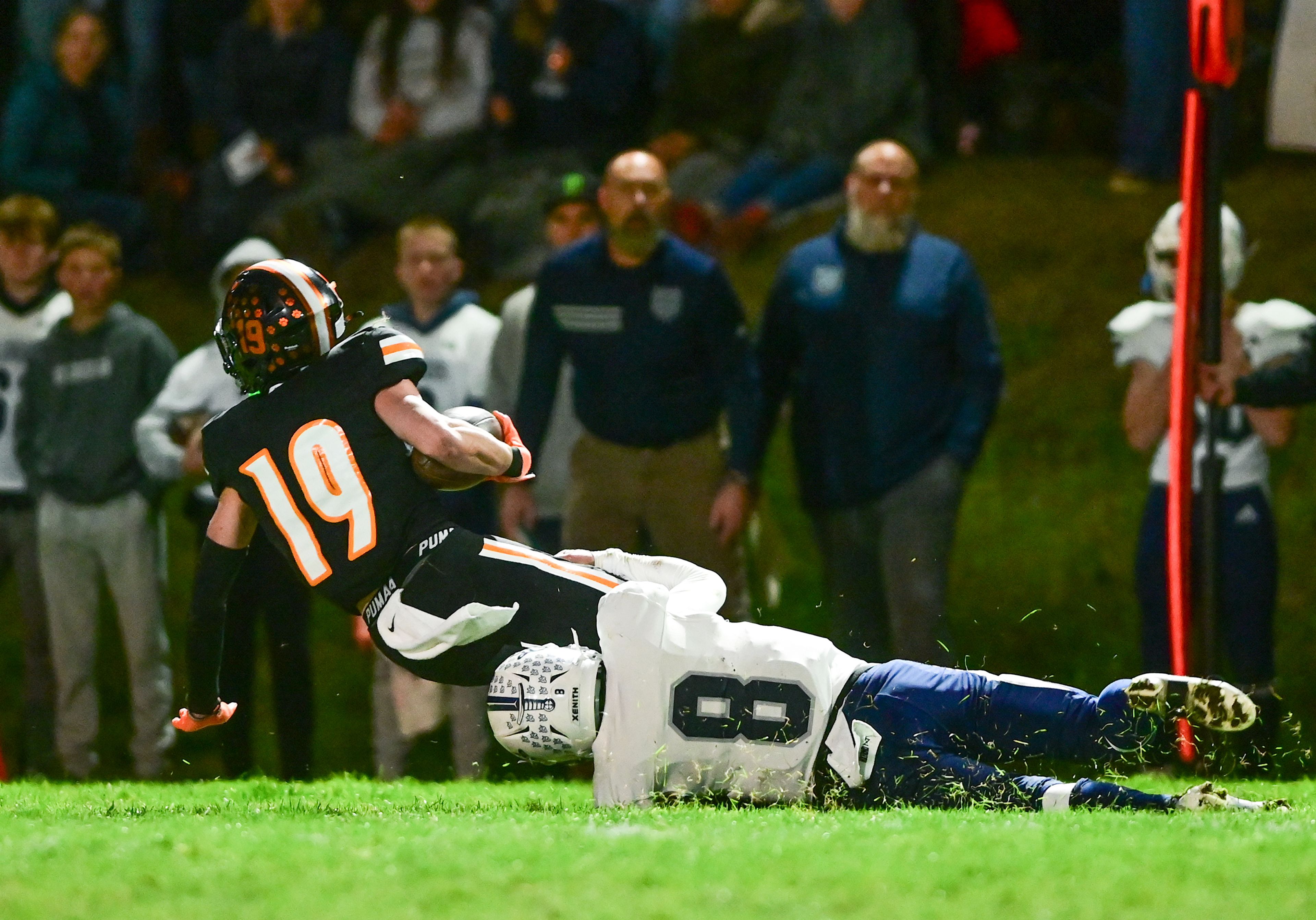 Kendricks Sawyer Hewett is tackled by Logos Seamus Wilson Friday in Kendrick.,