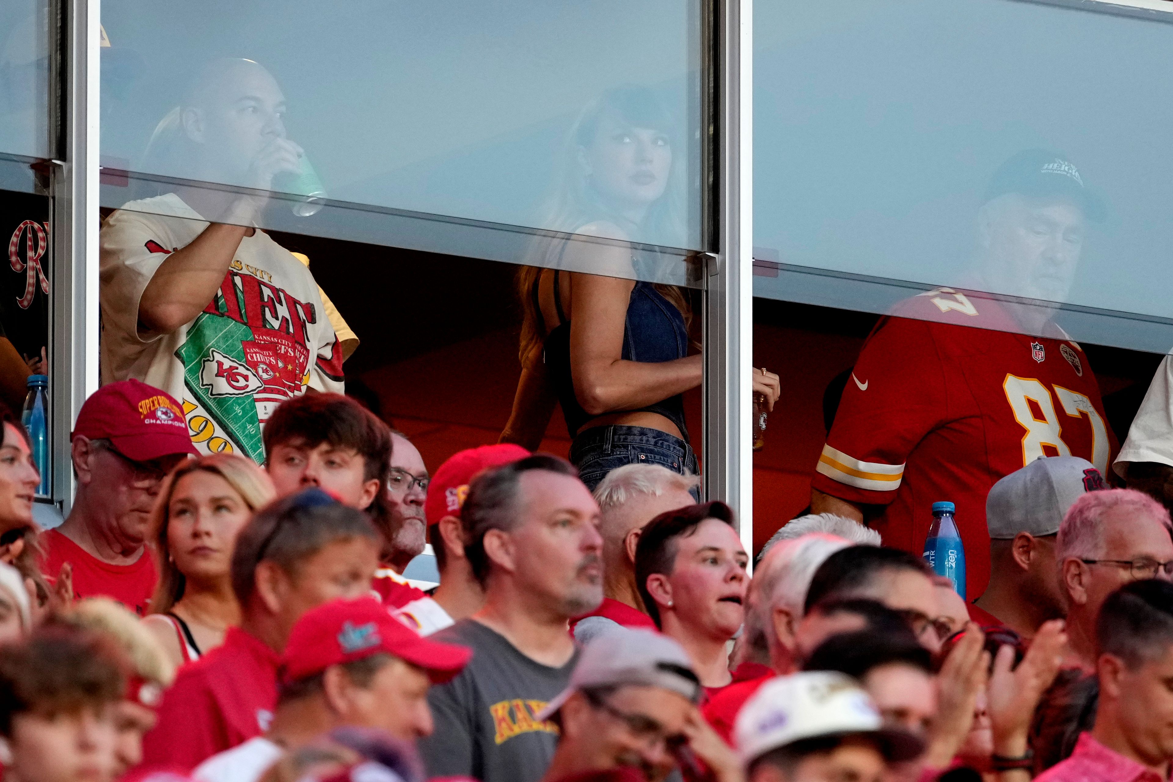 Taylor Swift is seen in a suite before the start of an NFL football game between the Kansas City Chiefs and the Baltimore Ravens Thursday, Sept. 5, 2024, in Kansas City, Mo.