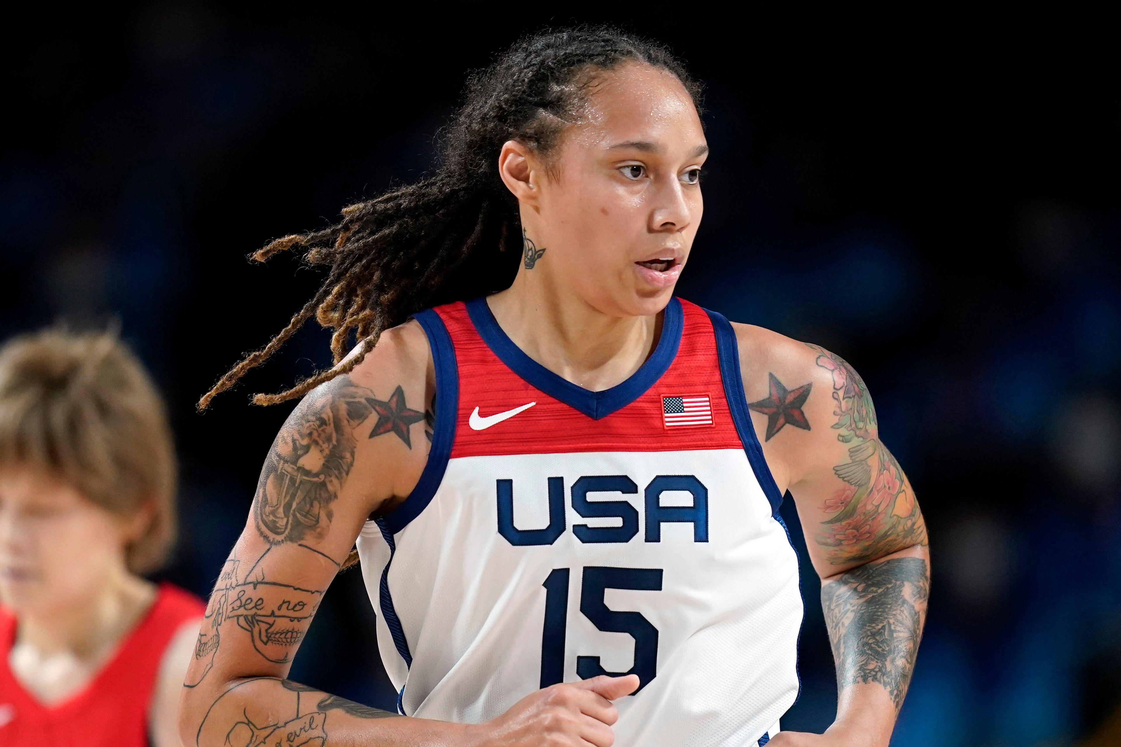 FILE - Brittney Griner (15) runs up court during the women's basketball gold medal game against Japan at the 2020 Summer Olympics, Aug. 8, 2021, in Saitama, Japan. Griner will be playing in her first international game since spending 10 months in a Russian jail in 2022.