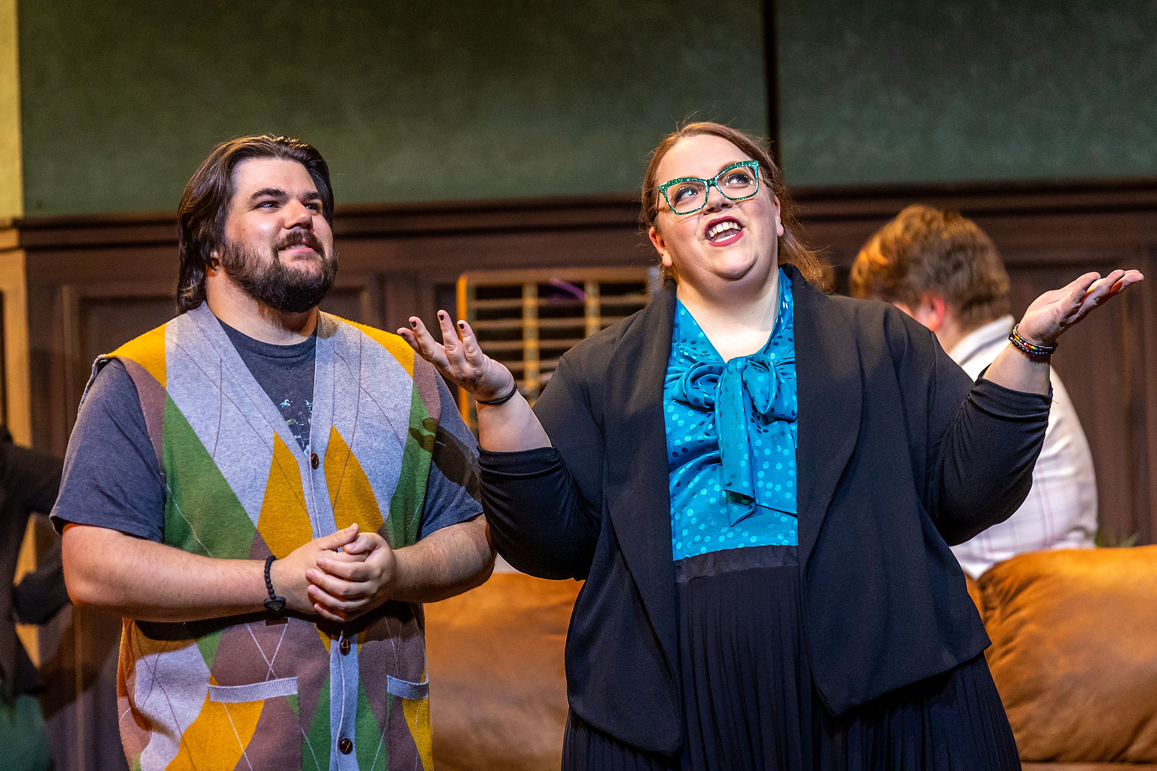 Grant Benjamin, left, plays Dewey Finn, as Jennifer Opdahl plays Rosalie Mullins in the legends cast during a rehearsal for the Civic Theatre production of School of Rock Tuesday, May 21, in Lewiston.