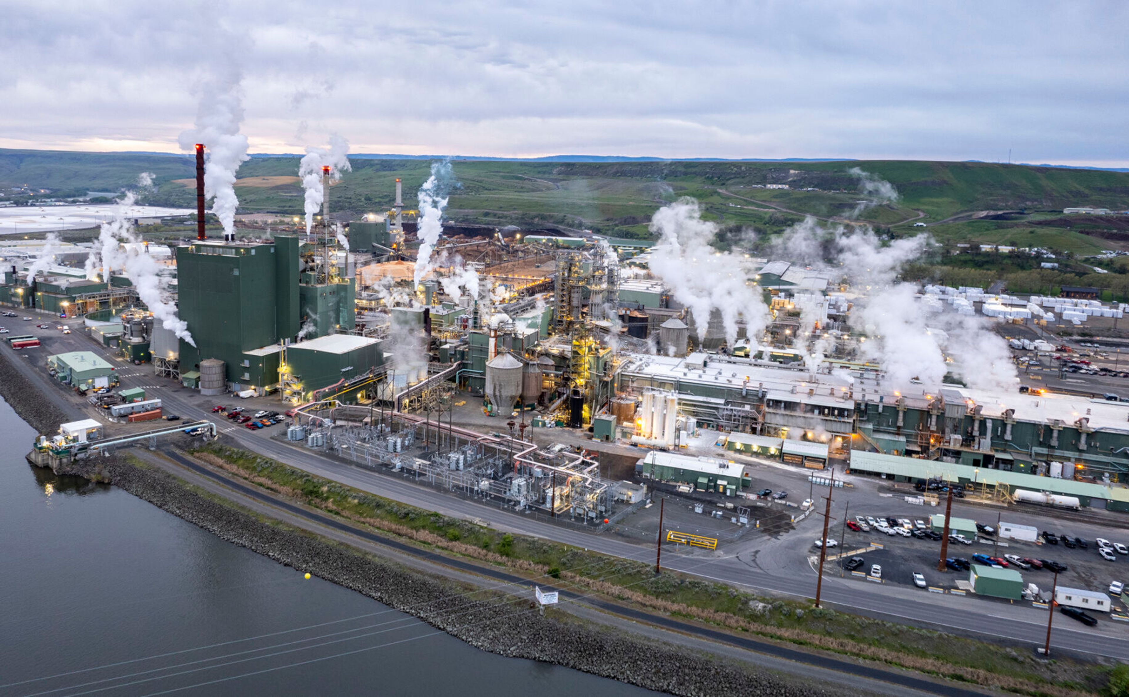 A photo captured with a drone in 2022 shows the Clearwater Paper mill in Lewiston at dawn.