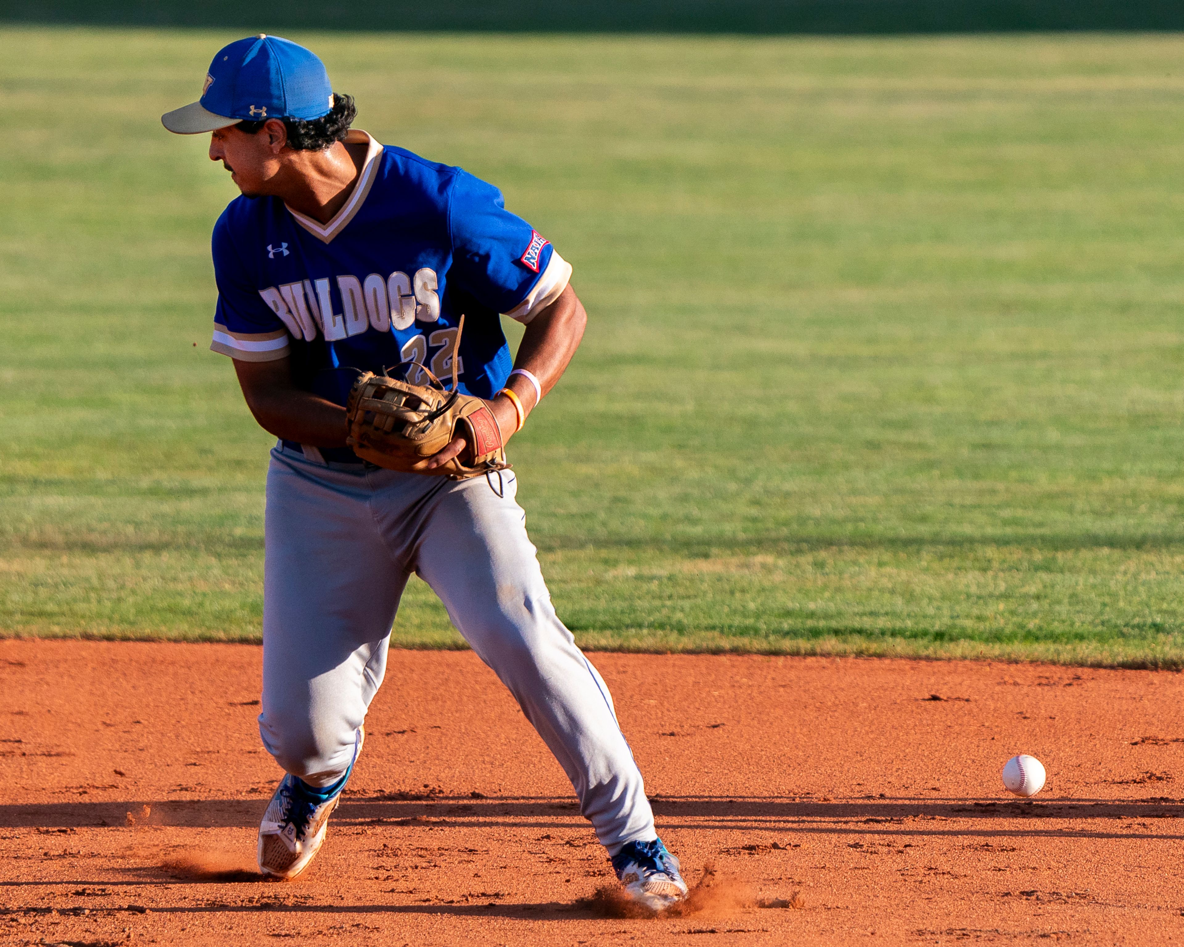 Tennessee Wesleyan shortstop Marco Martinez loses sight of the ball during Game 19 of the NAIA World Series against Hope International on Friday at Harris Field in Lewiston.