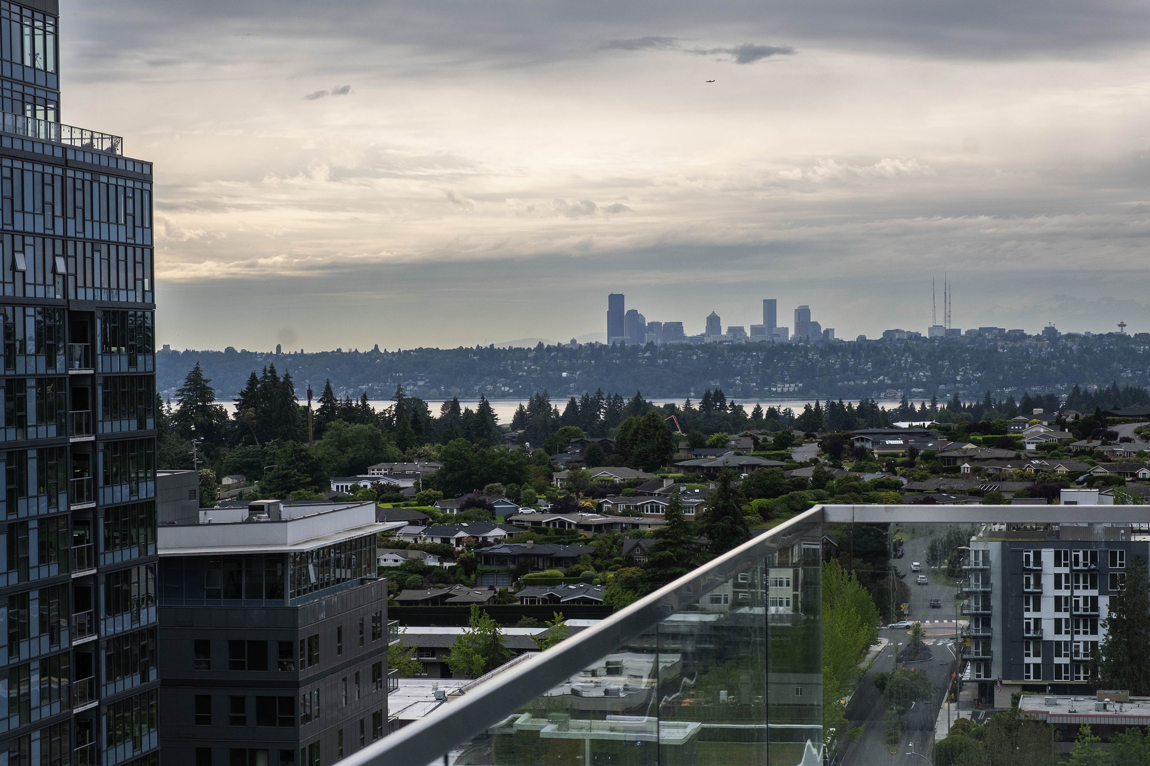 An outdoor deck in Amazon’s “Tahoe” office building has views back to Seattle, where the company has pledged money to help relieve the city’s affordable housing crisis.