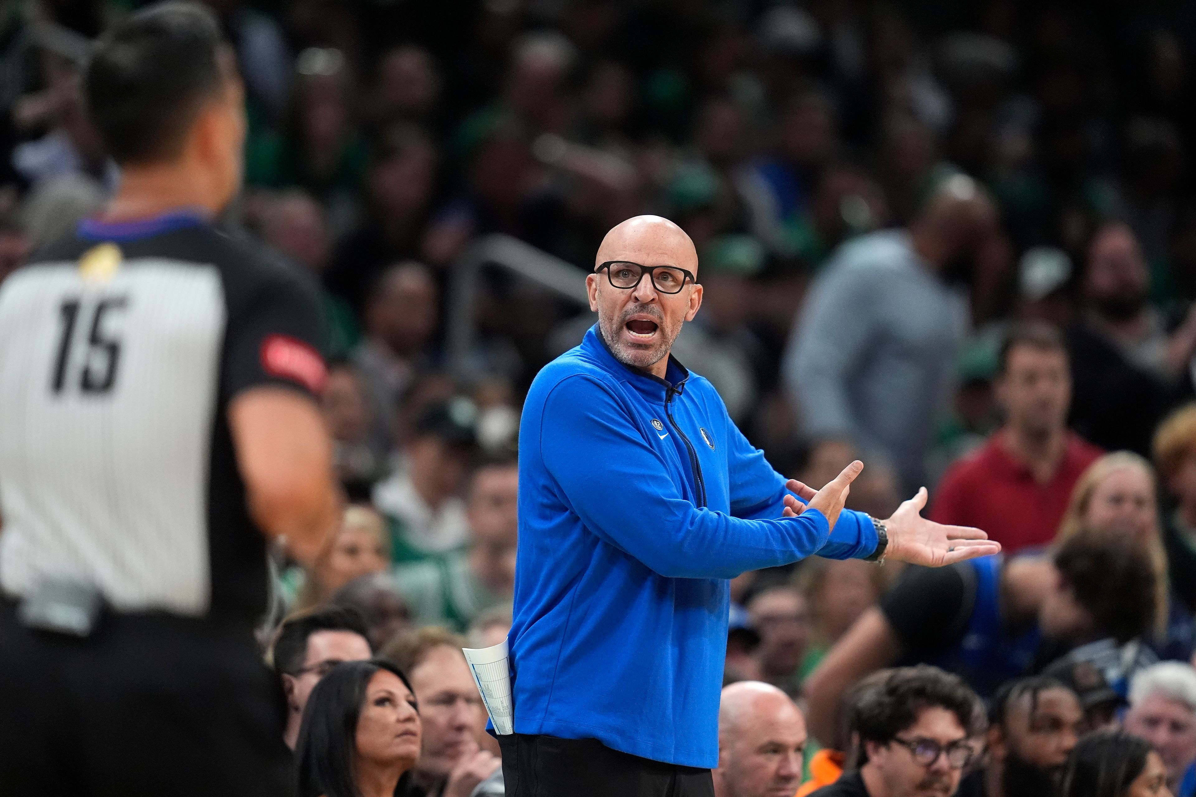 Dallas Mavericks coach Jason Kidd argues a call during the first half of Game 1 of the basketball team's NBA Finals against the Boston Celtics, Thursday, June 6, 2024, in Boston.