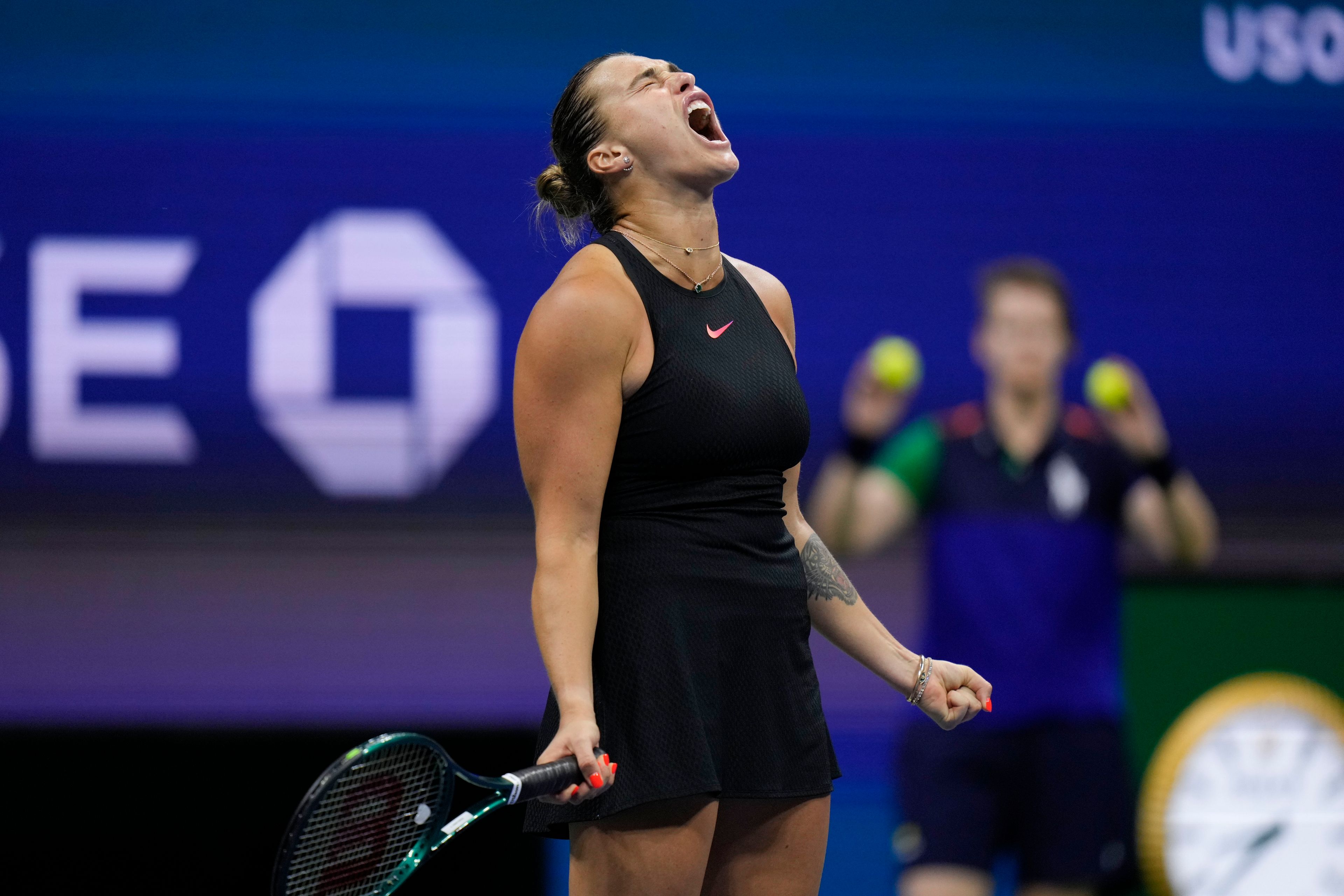 Aryna Sabalenka, of Belarus, reacts against Emma Navarro, of the United States, during the women's singles semifinals of the U.S. Open tennis championships, Thursday, Sept. 5, 2024, in New York.