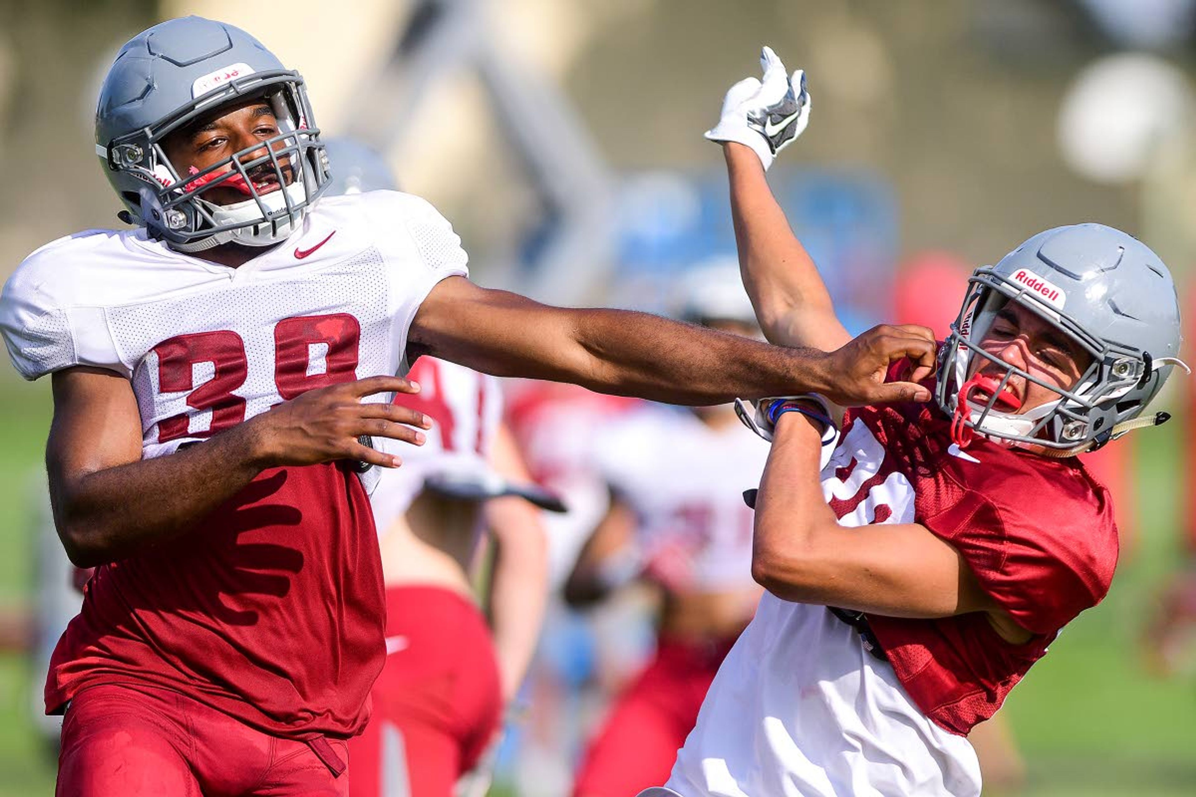 Washington State nickel back Damion Lee shoves receiver Mitchell Quinn after Quinn dropped a pass during team drills on Tuesday in Lewiston.