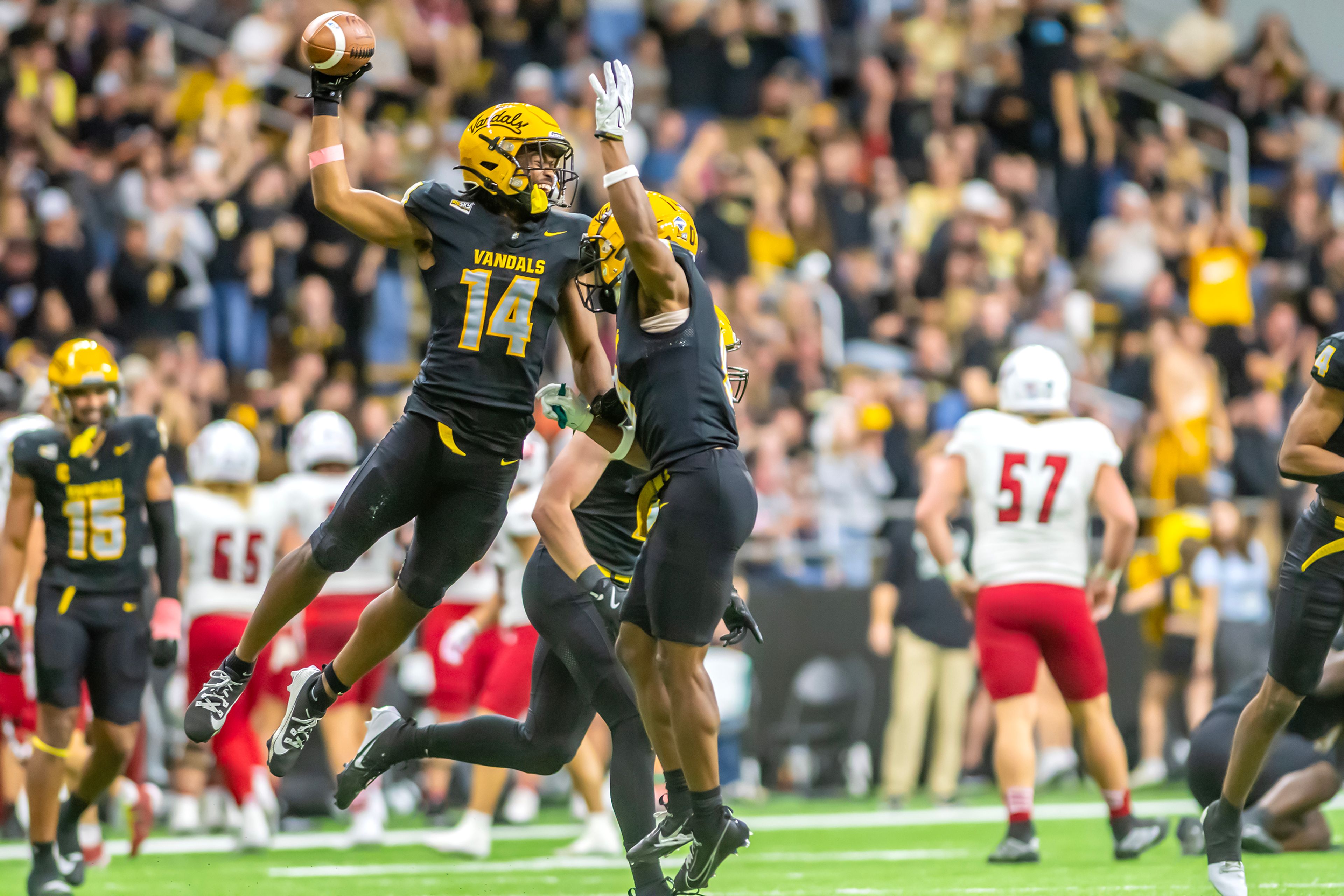 Idaho defensive back Kyrin Beachem celebrates recovering an Eastern Washington fumble during a Big Sky game Oct. 26 at the Kibbie Dome in Moscow.