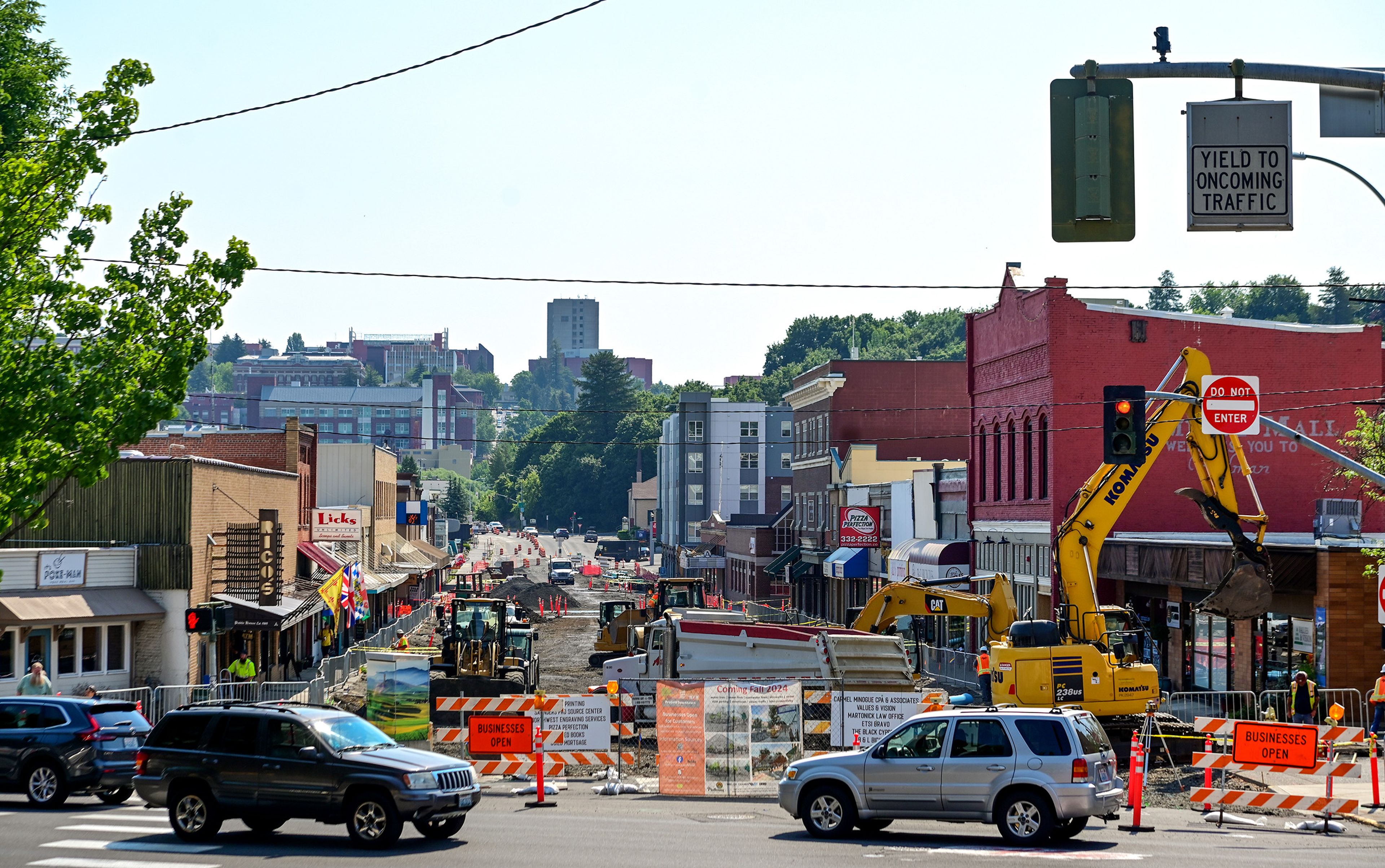 A view of Main Street on Wednesday in Pullman shows the length of downtown that is under construction as cars move along Grand Avenue.