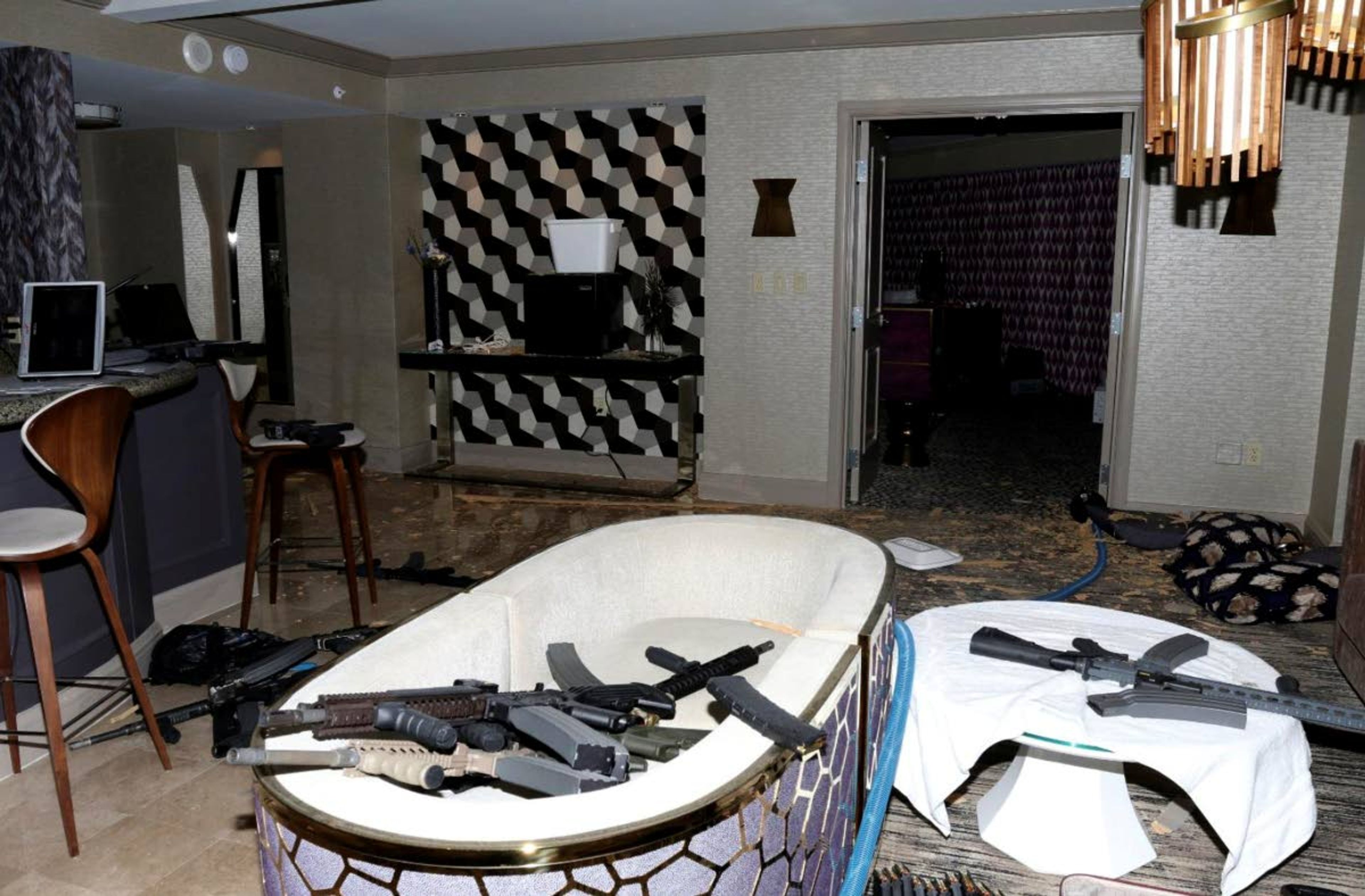 This Oct. 2017 file photo shows the interior of Las Vegas shooter Stephen Paddock’s 32nd floor room of the Mandalay Bay hotel.