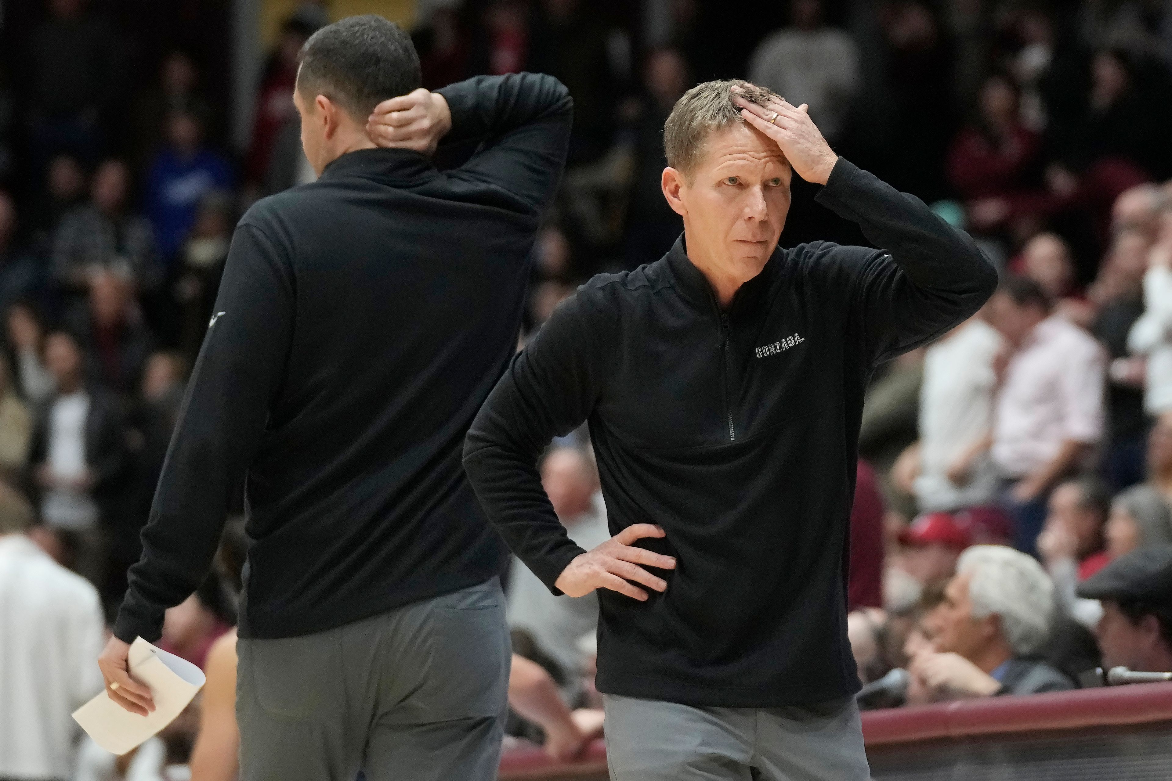 Gonzaga coach Mark Few, right, reacts during the second half of the team's NCAA college basketball game against Santa Clara in Santa Clara, Calif., Thursday, Jan. 11, 2024. (AP Photo/Jeff Chiu)